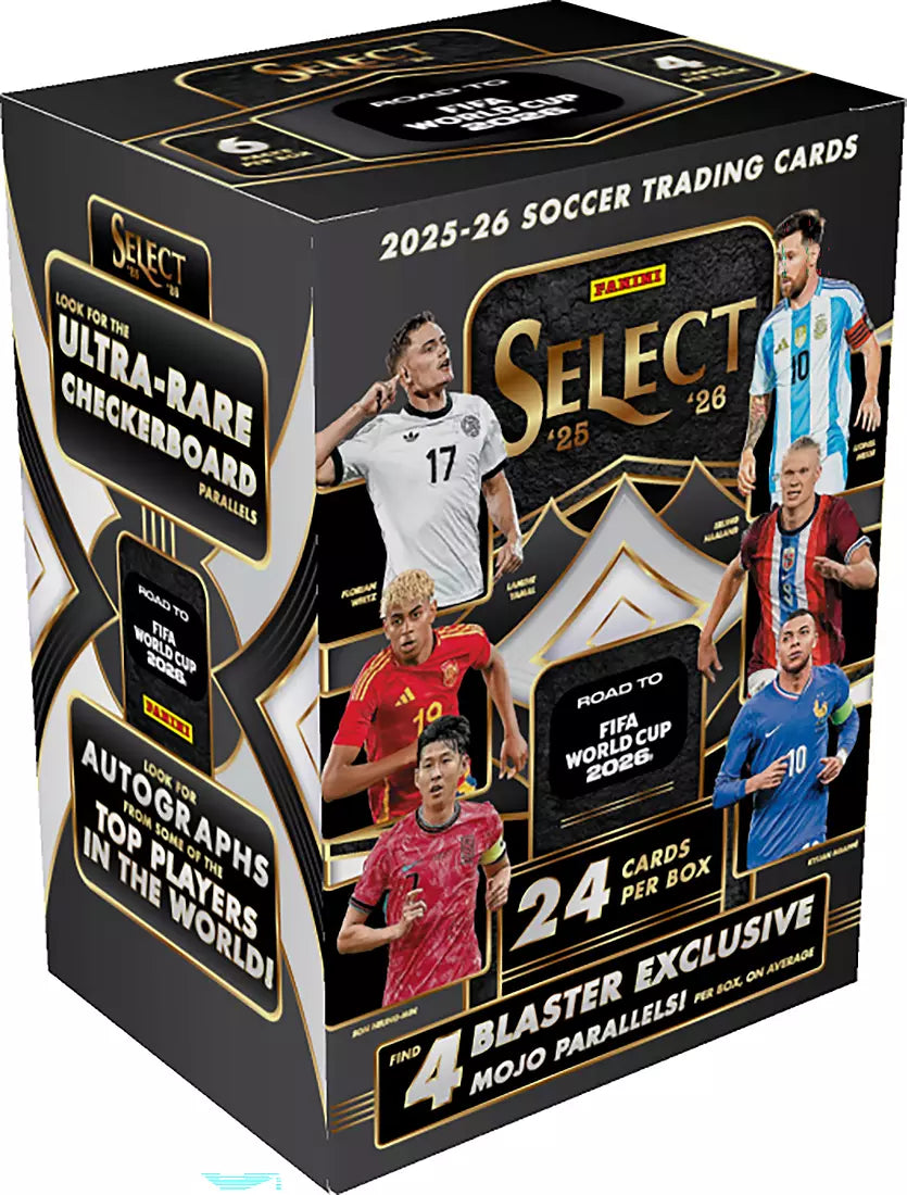 2025-26 Panini Select Road to FIFA World Cup soccer trading card blaster box containing six packs and 24 total cards
