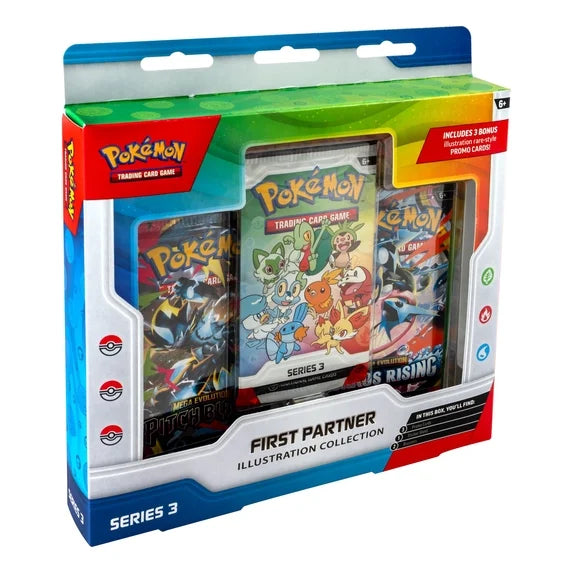 Pokémon TCG First Partner Illustration Collection Series 3 with promo card pack booster packs and sticker sheet