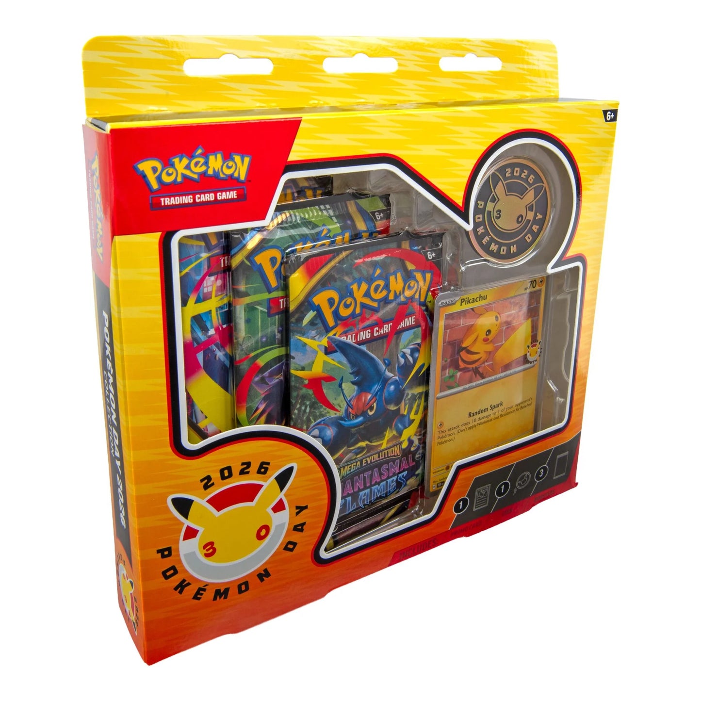 Pokémon TCG Pokémon Day 2026 Collection with stamped Pikachu foil card coin and three booster packs