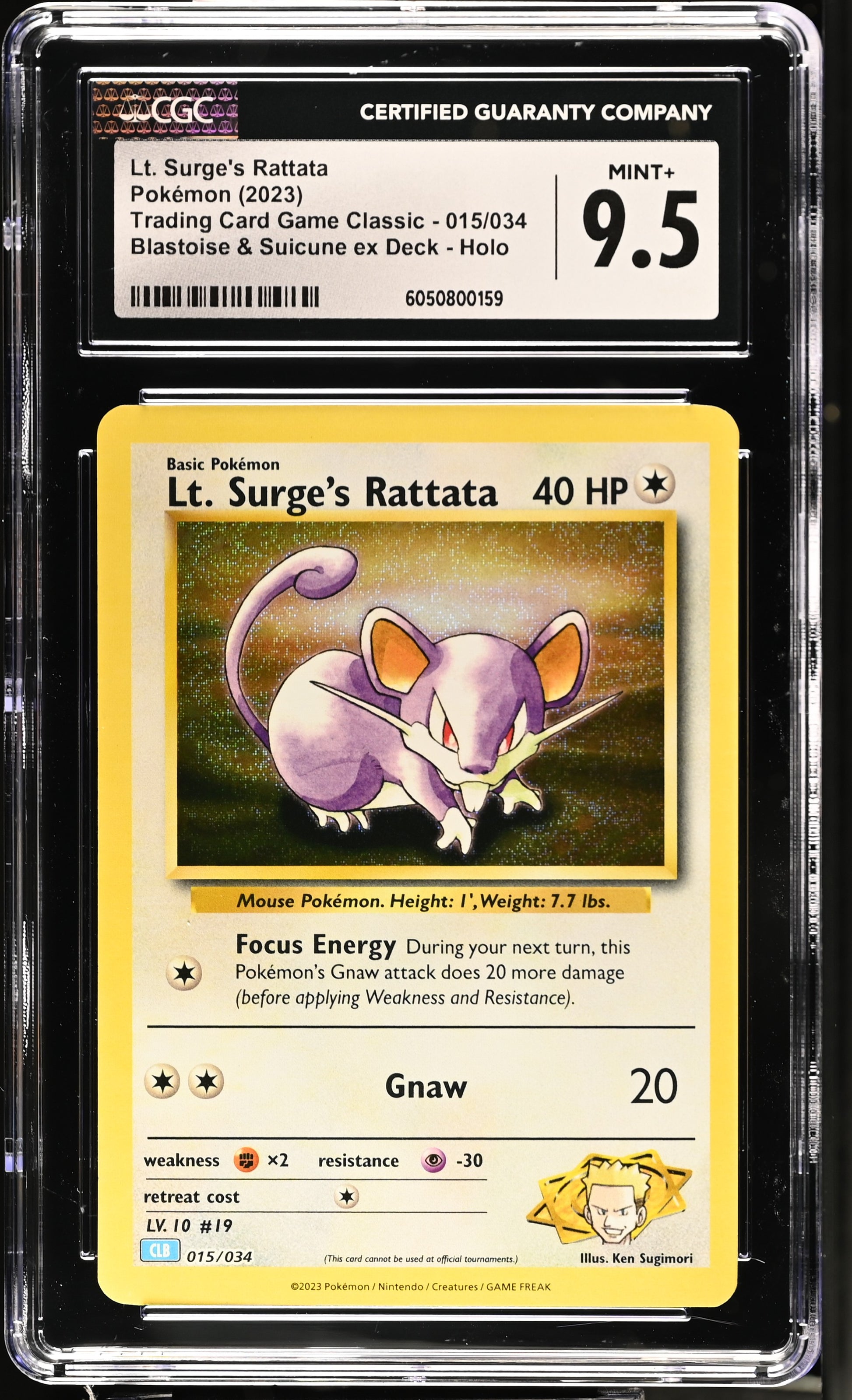 2023 Trading Card Game Classic #015/034 Lt. Surge's Rattata CGC 9.5