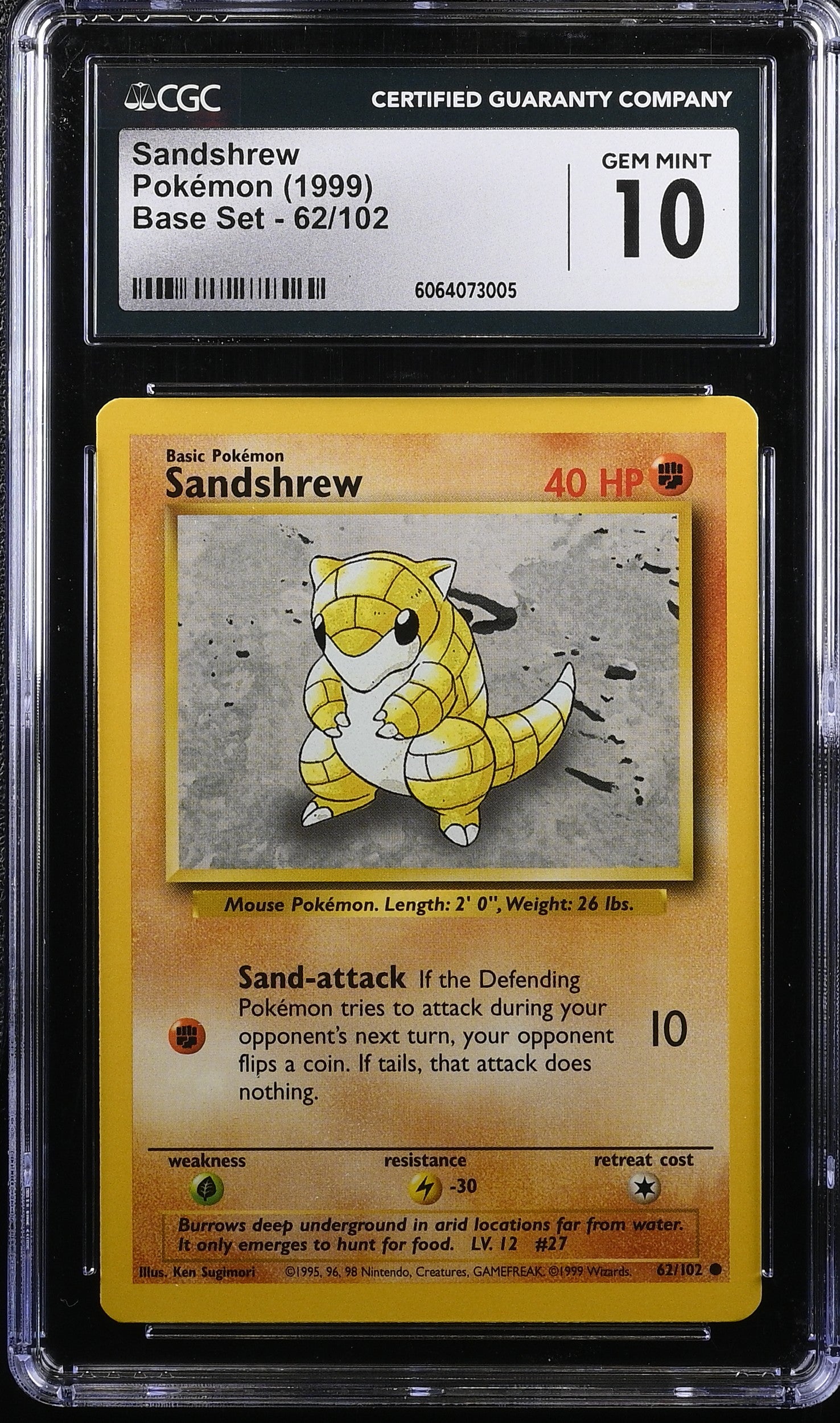 1999 Base Set #62/102 Sandshrew CGC 10