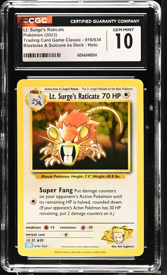 2023 Trading Card Game Classic #016/034 Lt. Surge's Raticate CGC 10