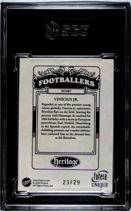 2024 Futera Unique World Football Vinicius Jr. Heritage Amethyst #HG089 /29 SGC 9.5 Graded Card - single item listing, image for visual reference only