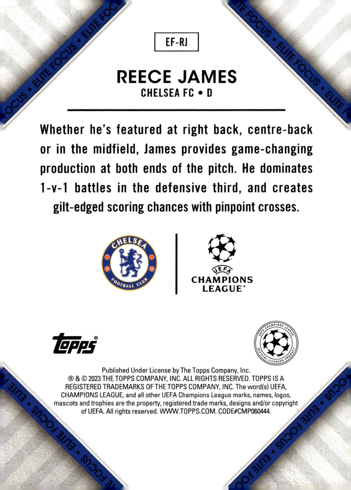 2022-23 Topps UEFA Club Competitions Superstars #EF-RJ Reece James Elite Focus – Chelsea FC Soccer Card - single item listing, image for visual reference only