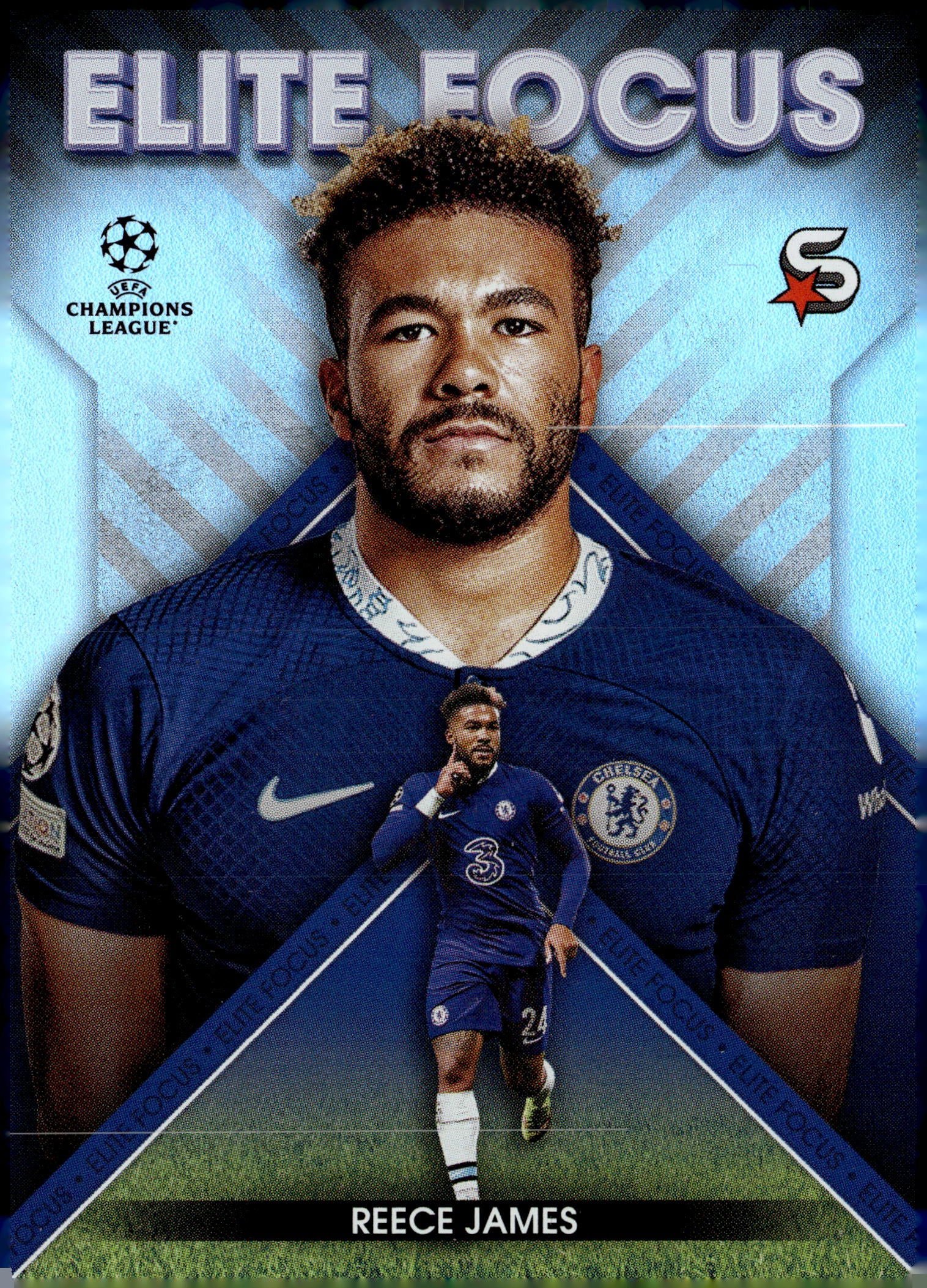 2022-23 Topps UEFA Club Competitions Superstars #EF-RJ Reece James Elite Focus – Chelsea FC Soccer Card - single item listing, image for visual reference only