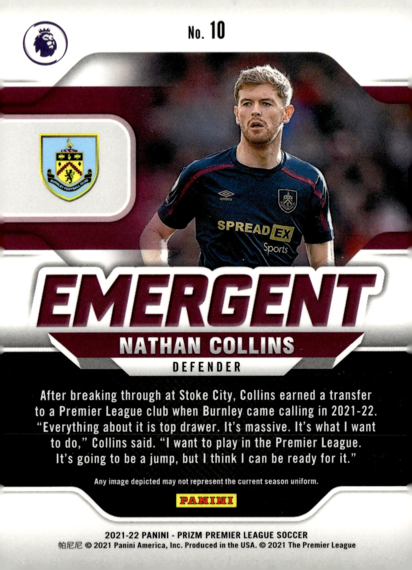 2021-22 Panini Prizm Premier League Emergent #10 Nathan Collins RC – Burnley Soccer Card