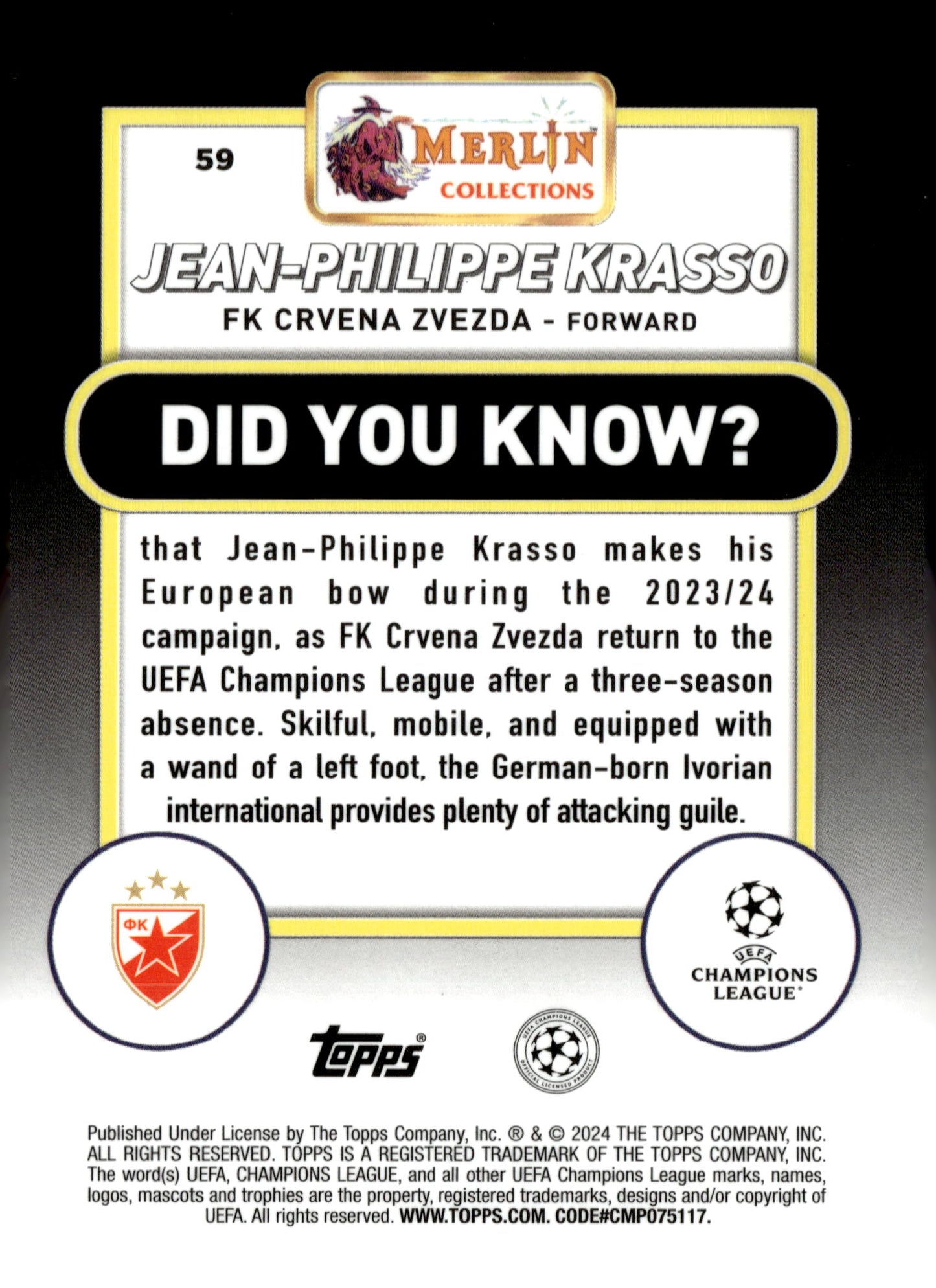 2023-24 Merlin UEFA Club Competitions #59 Jean-Philippe Krasso Aqua Prism Refractor RC – FK Crvena Zvezda Soccer Card - single item listing, image for visual reference only