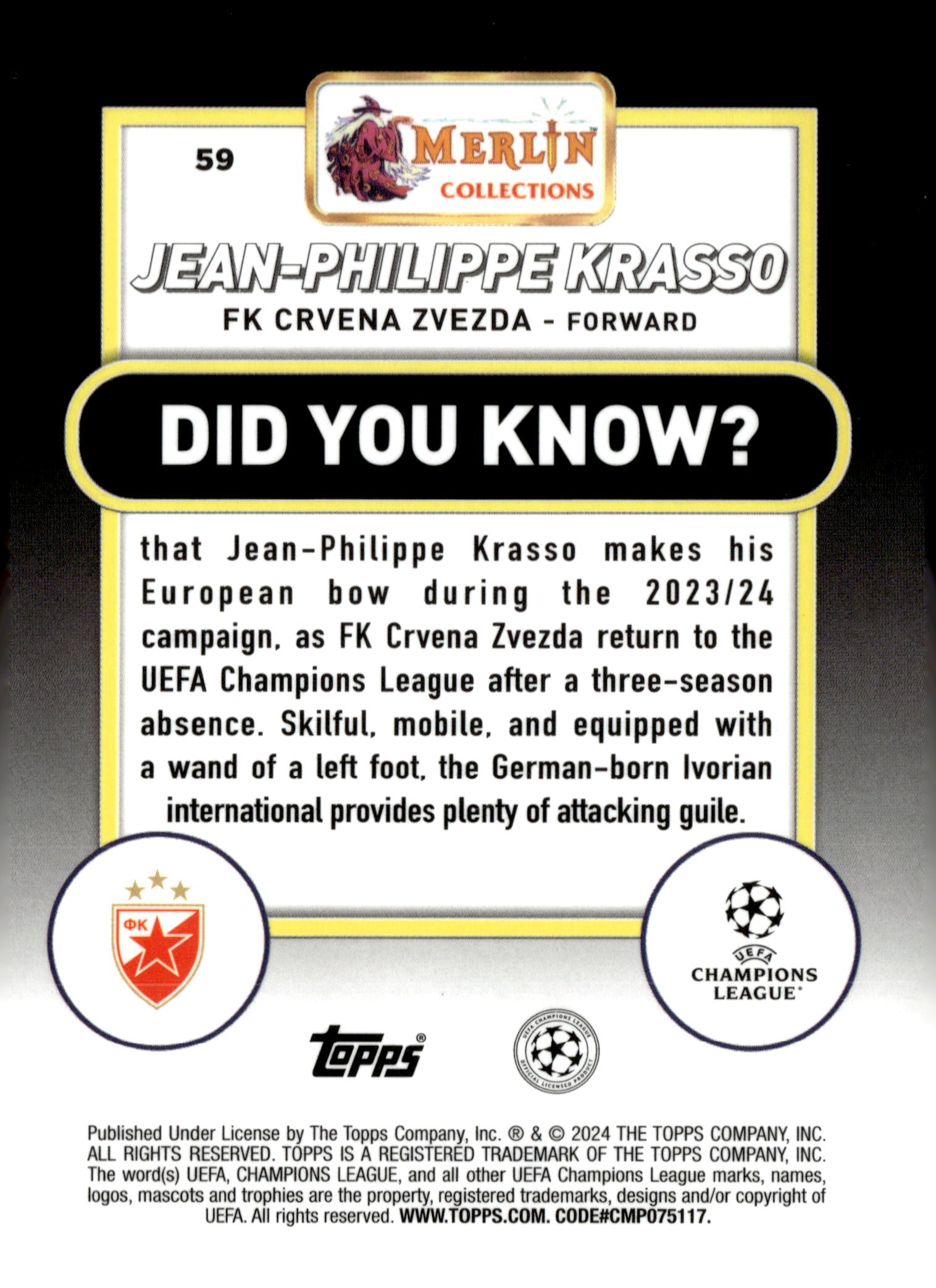 2023-24 Merlin UEFA Club Competitions #59 Jean-Philippe Krasso Aqua Prism Refractor RC – FK Crvena Zvezda Soccer Card - single item listing, image for visual reference only
