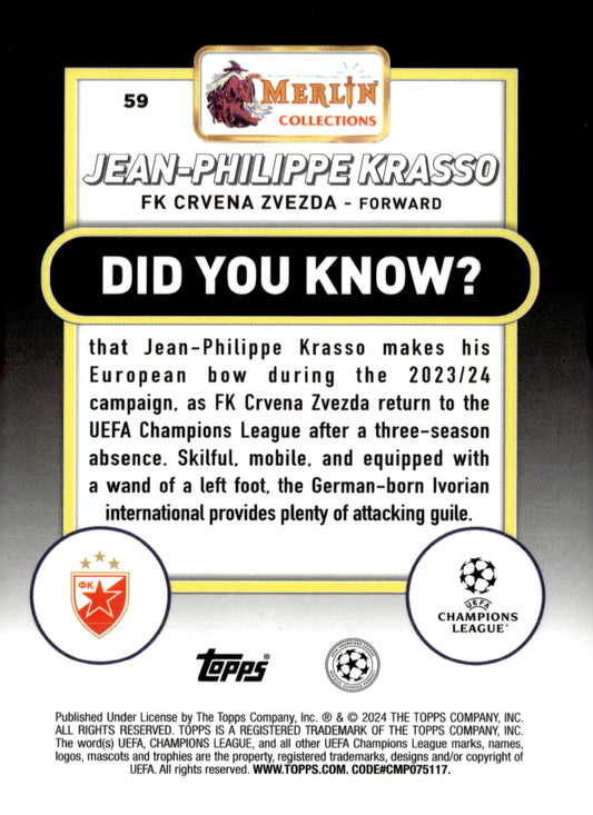 2023-24 Merlin UEFA Club Competitions #59 Jean-Philippe Krasso Aqua Prism Refractor RC – FK Crvena Zvezda Soccer Card