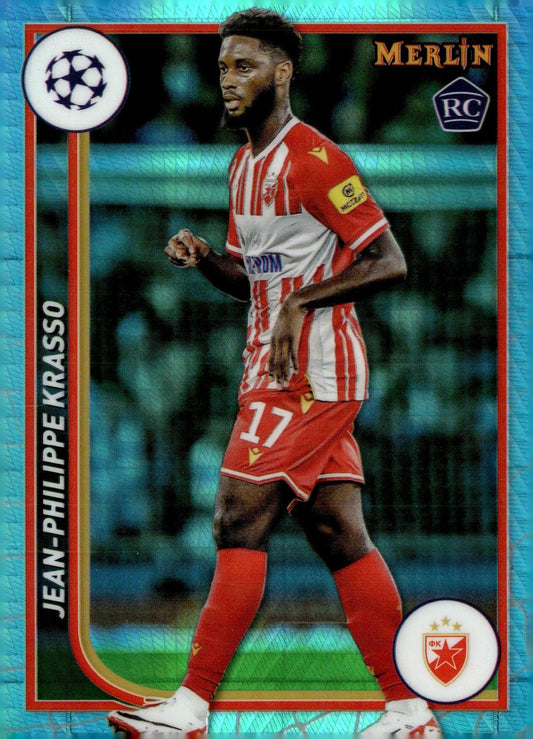 2023-24 Merlin UEFA Club Competitions #59 Jean-Philippe Krasso Aqua Prism Refractor RC – FK Crvena Zvezda Soccer Card