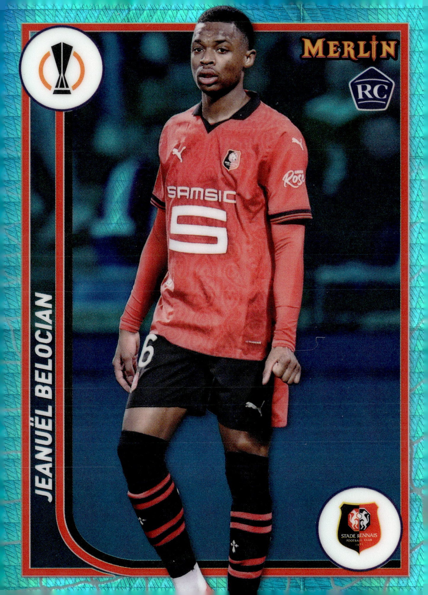 2023-24 Merlin UEFA Club Competitions #146 Jeanuël Belocian RC – Stade Rennais FC Soccer Card - single item listing, image for visual reference only