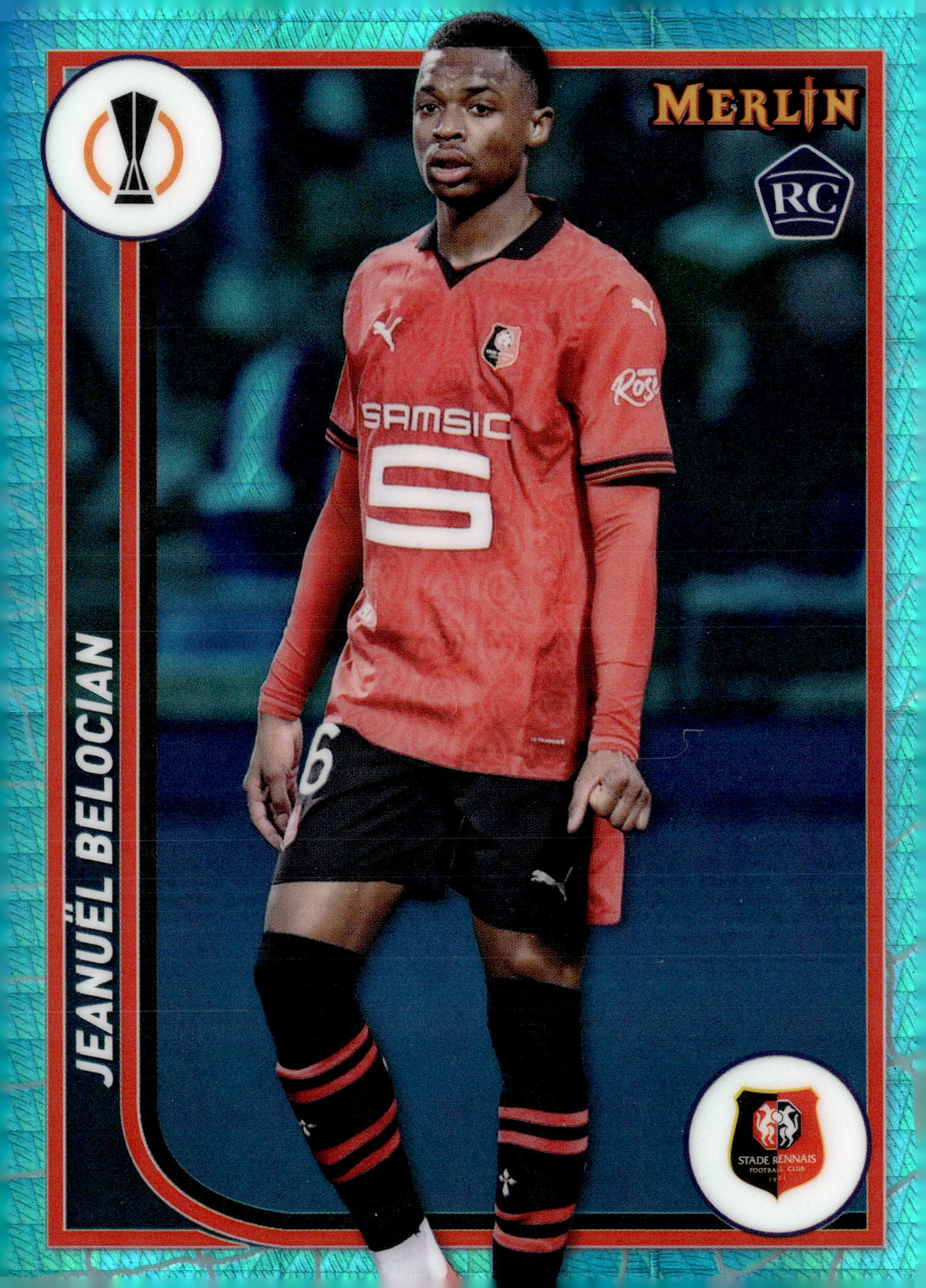 2023-24 Merlin UEFA Club Competitions #146 Jeanuël Belocian RC – Stade Rennais FC Soccer Card - single item listing, image for visual reference only