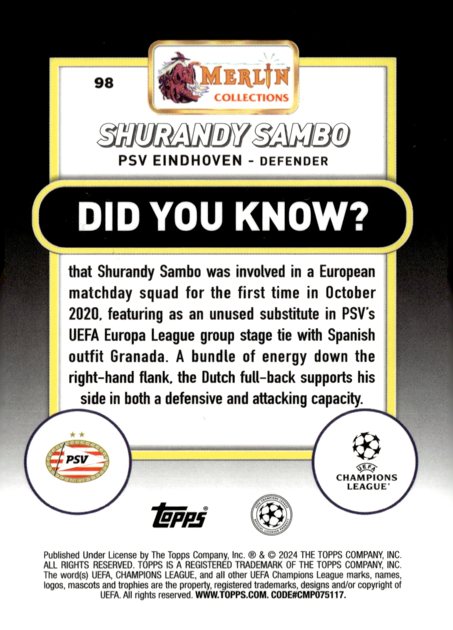 2023-24 Merlin UEFA Club Competitions #98 Shurandy Sambo Aqua Prism Refractor RC – PSV Eindhoven Soccer Card - single item listing, image for visual reference only