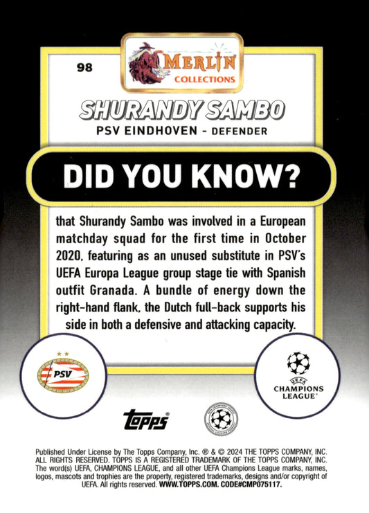 2023-24 Merlin UEFA Club Competitions #98 Shurandy Sambo Aqua Prism Refractor RC – PSV Eindhoven Soccer Card