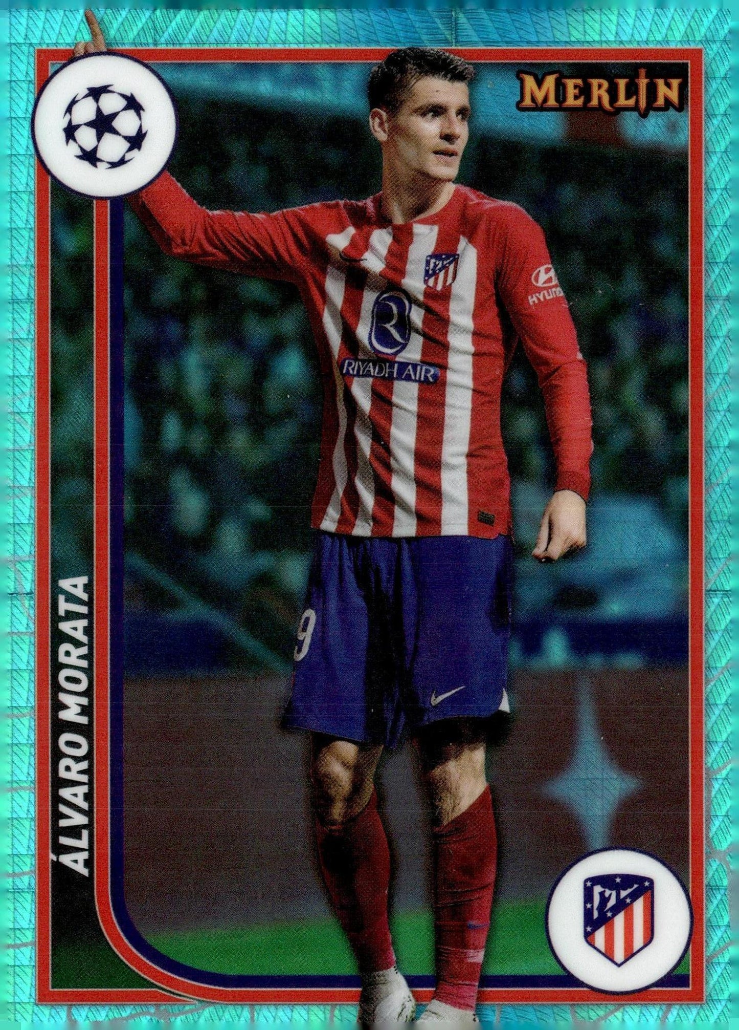 2023-24 Merlin UEFA Club Competitions #18 Álvaro Morata Aqua Prism Refractor – Atlético Madrid Soccer Card - single item listing, image for visual reference only
