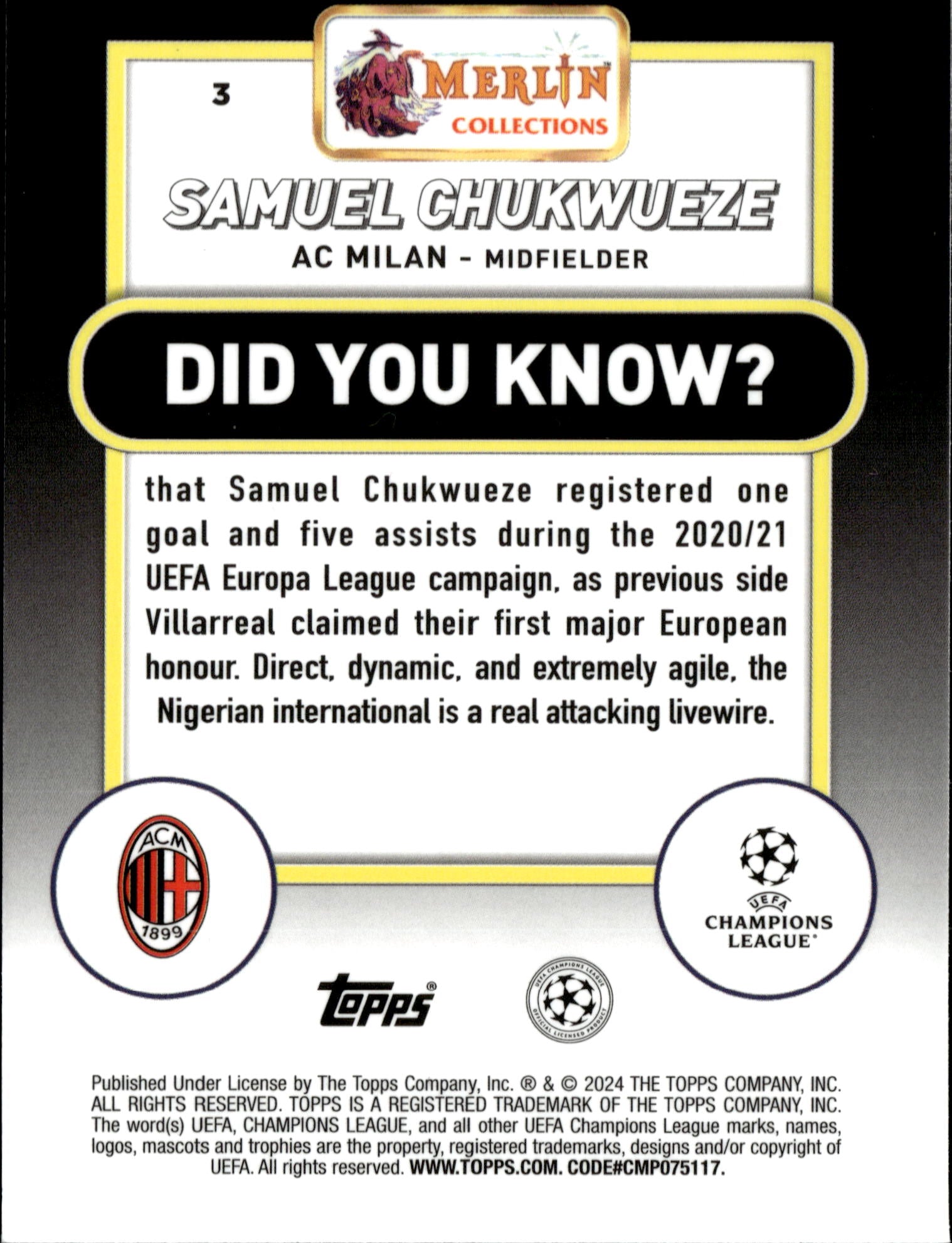 2023-24 Merlin UEFA Club Competitions #3 Samuel Chukwueze – AC Milan Soccer Card - single item listing, image for visual reference only