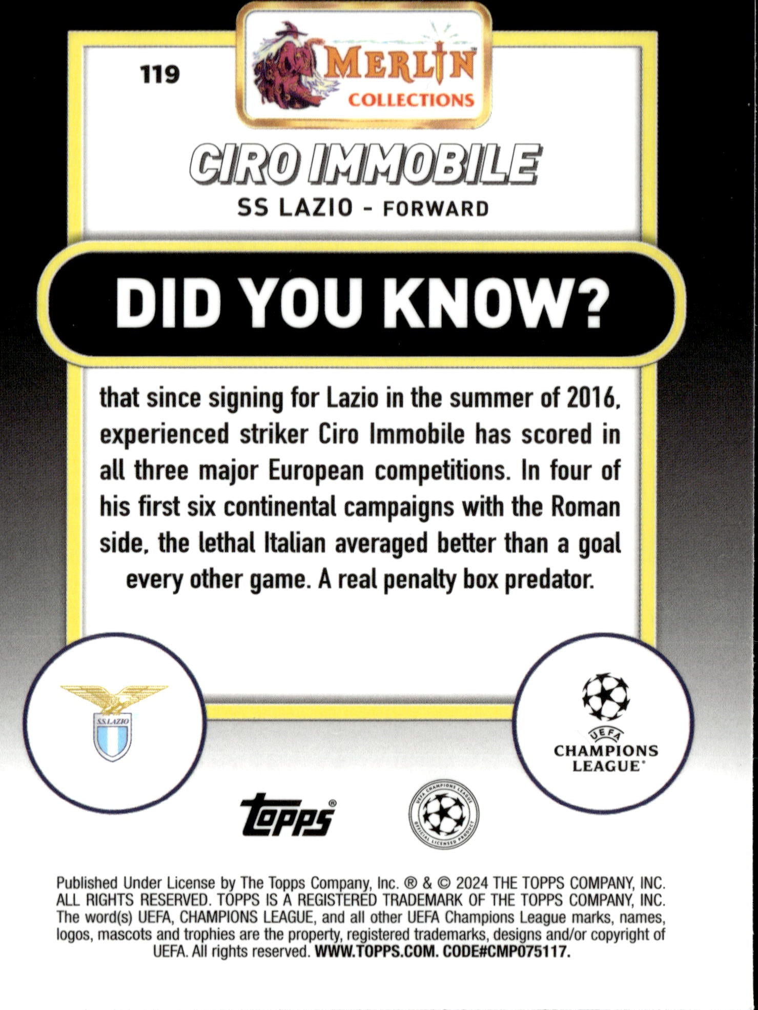 2023-24 Topps Merlin UEFA Club Competitions #119 Ciro Immobile Aqua Prism Refractor – SS Lazio Soccer Card - single item listing, image for visual reference only