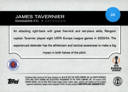2024-25 Topps Chrome UEFA Club Competitions #26 James Tavernier – Rangers FC Base Chrome Soccer Card