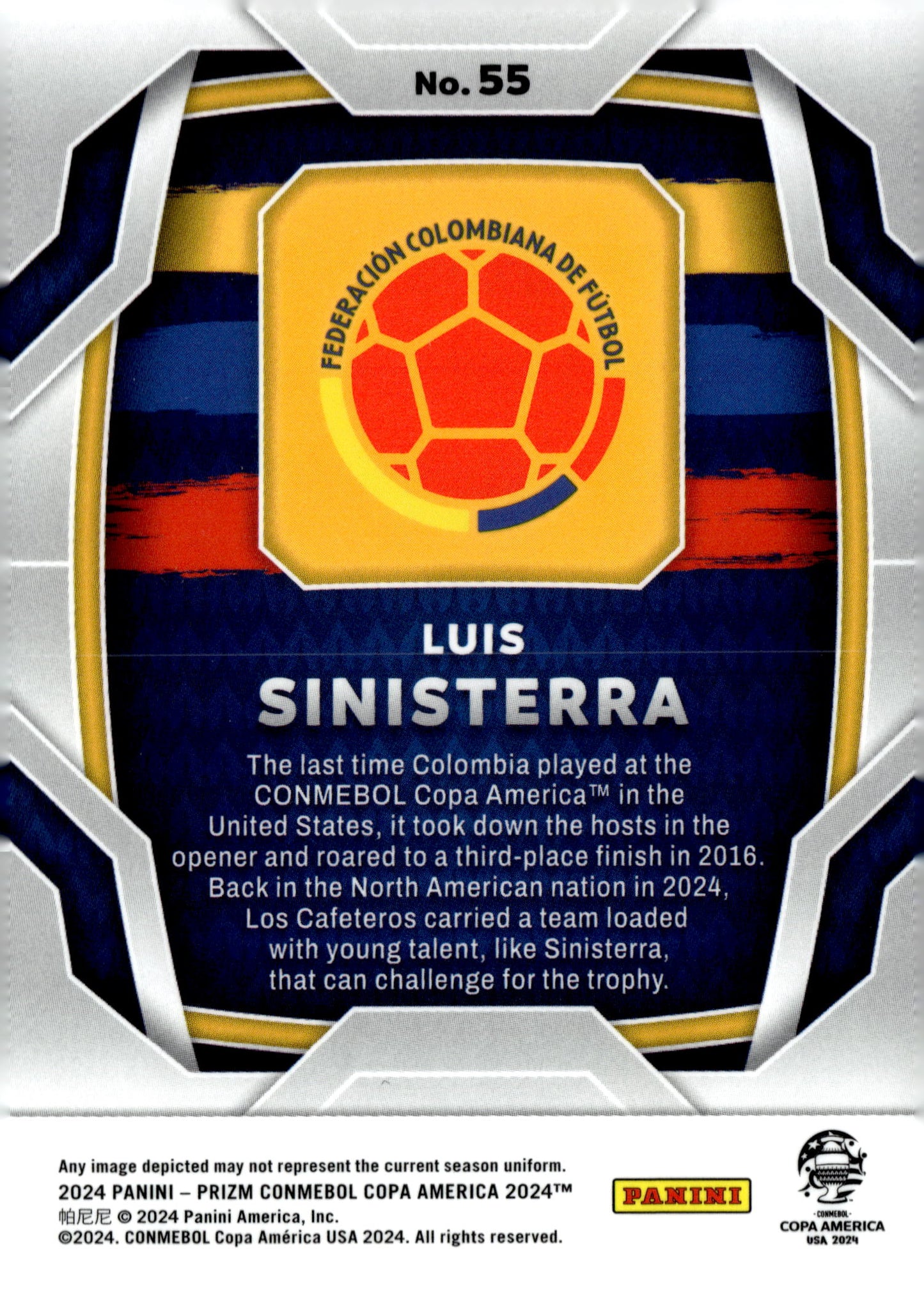2024 Panini Prizm CONMEBOL Copa America #55 Luis Sinisterra – Base Prizm Soccer Card - single item listing, image for visual reference only