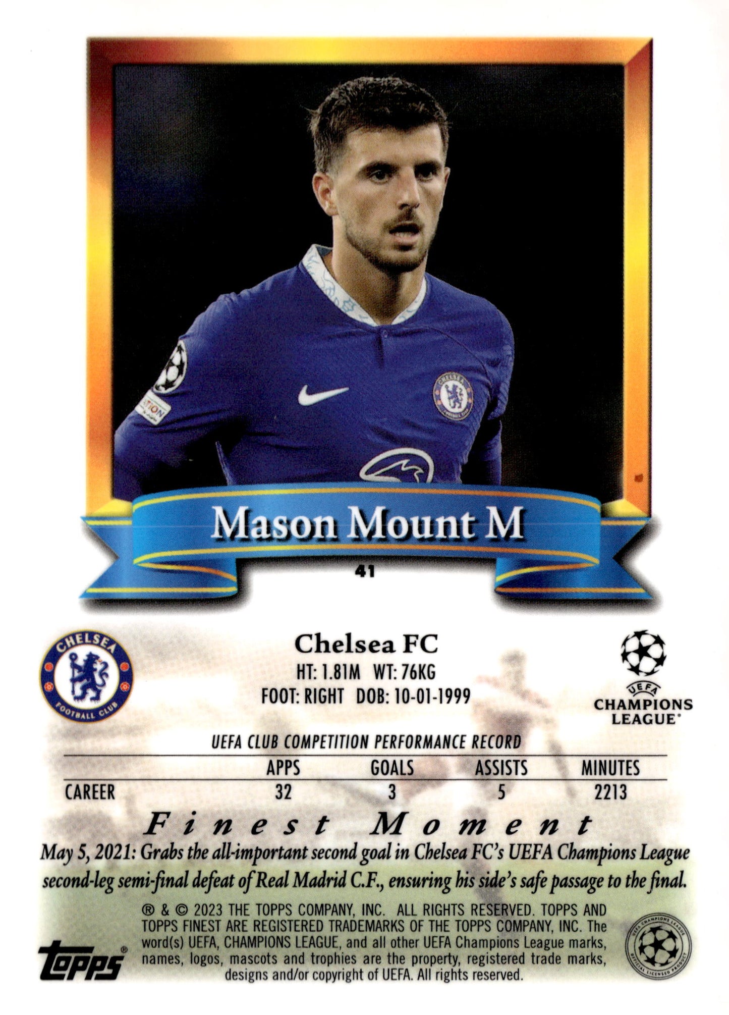 2022-23 Topps Finest Flashbacks UEFA Club Competitions #41 Mason Mount Refractor Soccer Card - single item listing, image for visual reference only