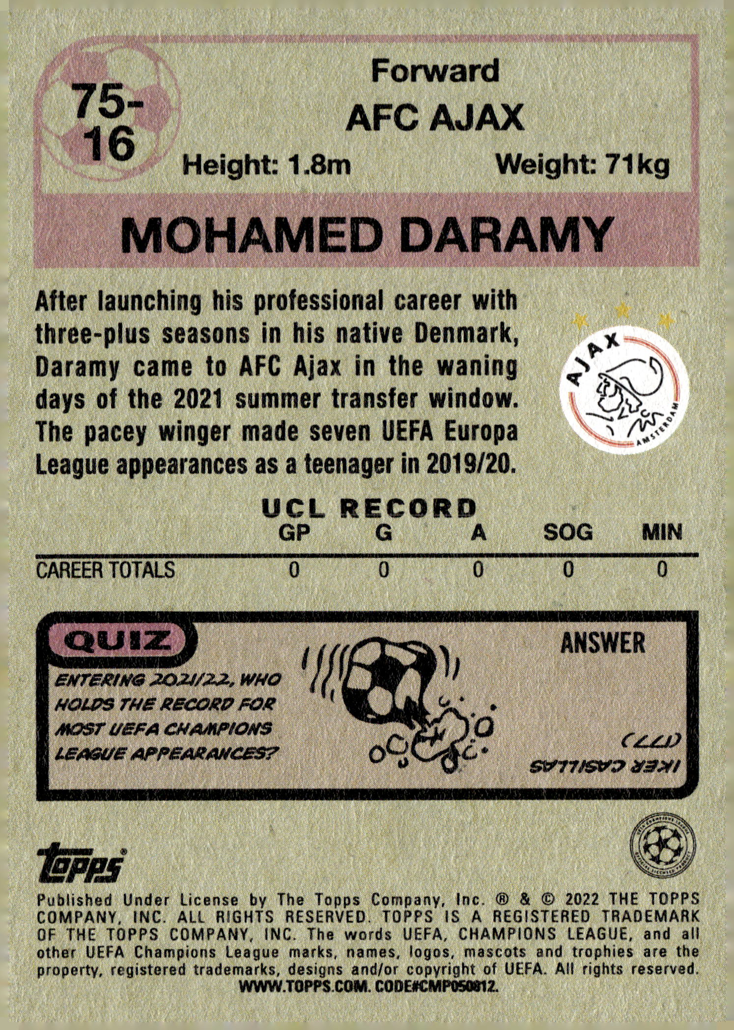 2021-22 Topps UEFA Champions League #75-16 Mohamed Daramy 1975-76 Retro Soccer Card – Ajax - single item listing, image for visual reference only