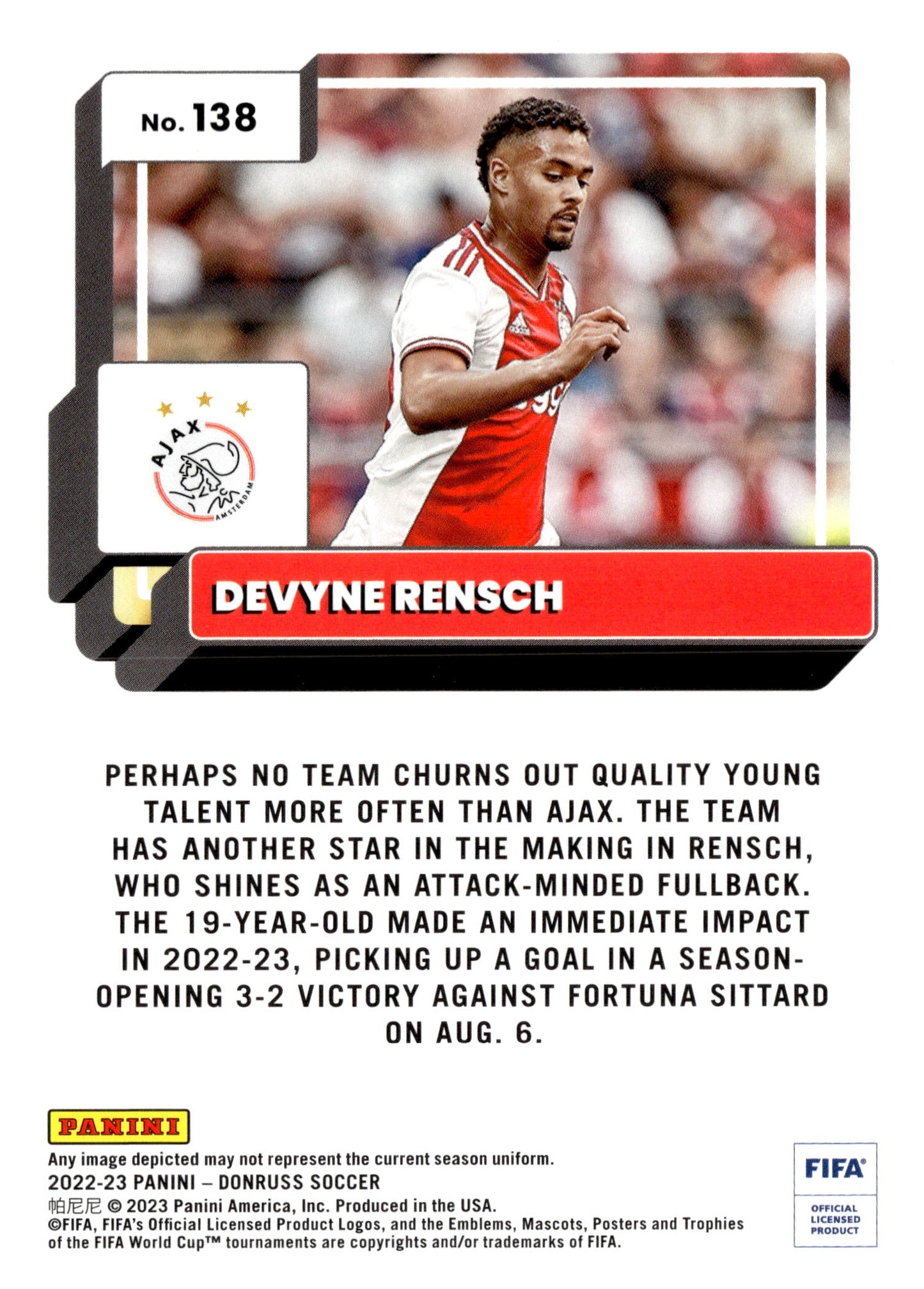 2022-23 Panini Donruss #138 Devyne Rensch Optic Ajax Soccer Card - single item listing, image for visual reference only