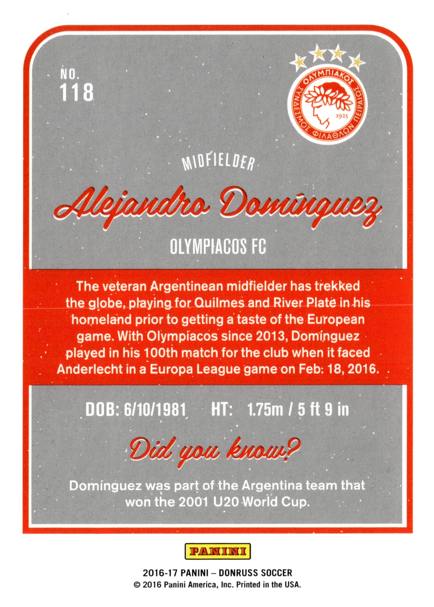 2016-17 Panini Donruss #118 Alejandro Dominguez Silver – Olympiacos FC Soccer Card - single item listing, image for visual reference only