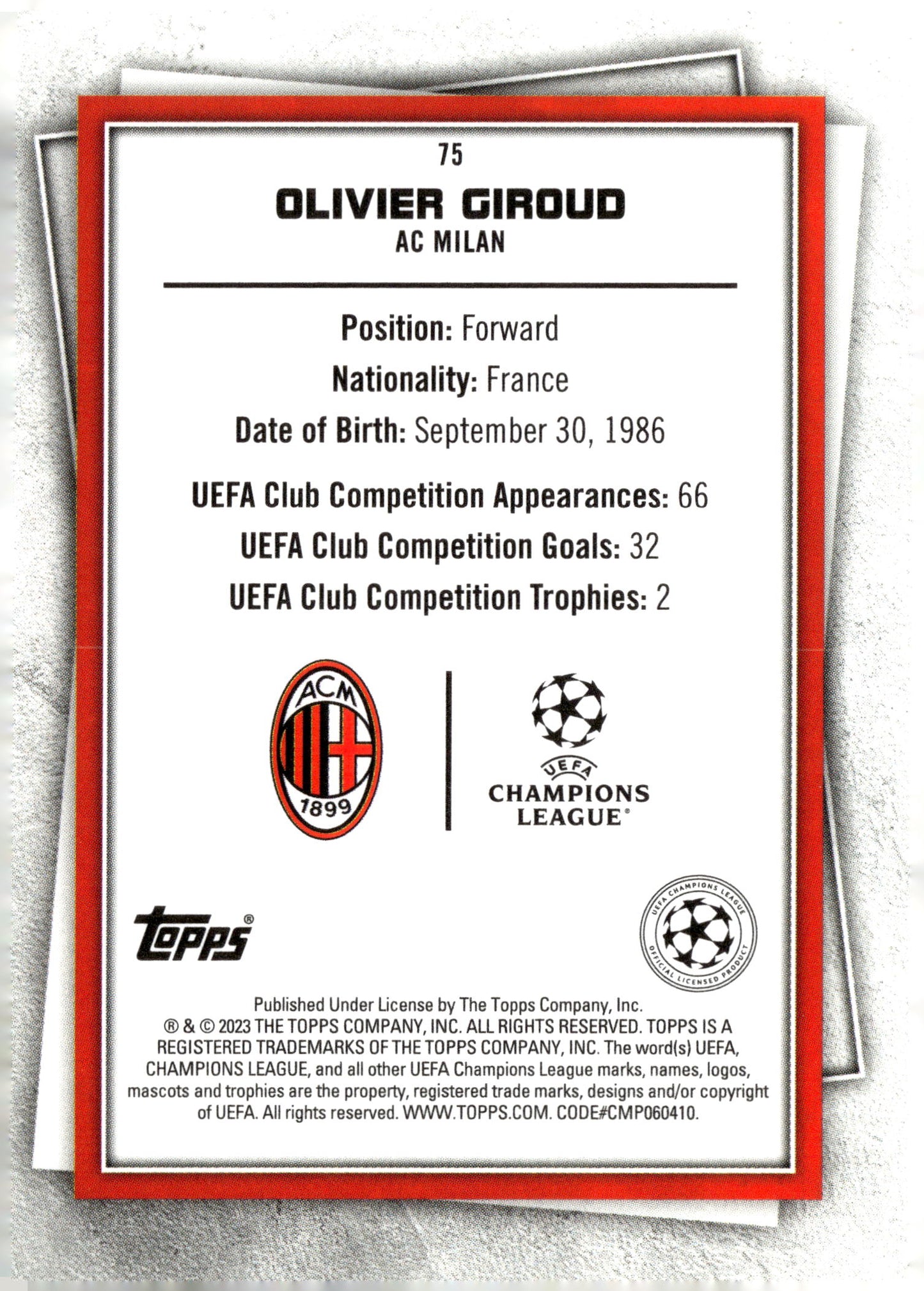 2022-23 Topps UEFA Club Competitions Superstars #75 Olivier Giroud Legendary Red Wave Chrome Refractor - single item listing, image for visual reference only