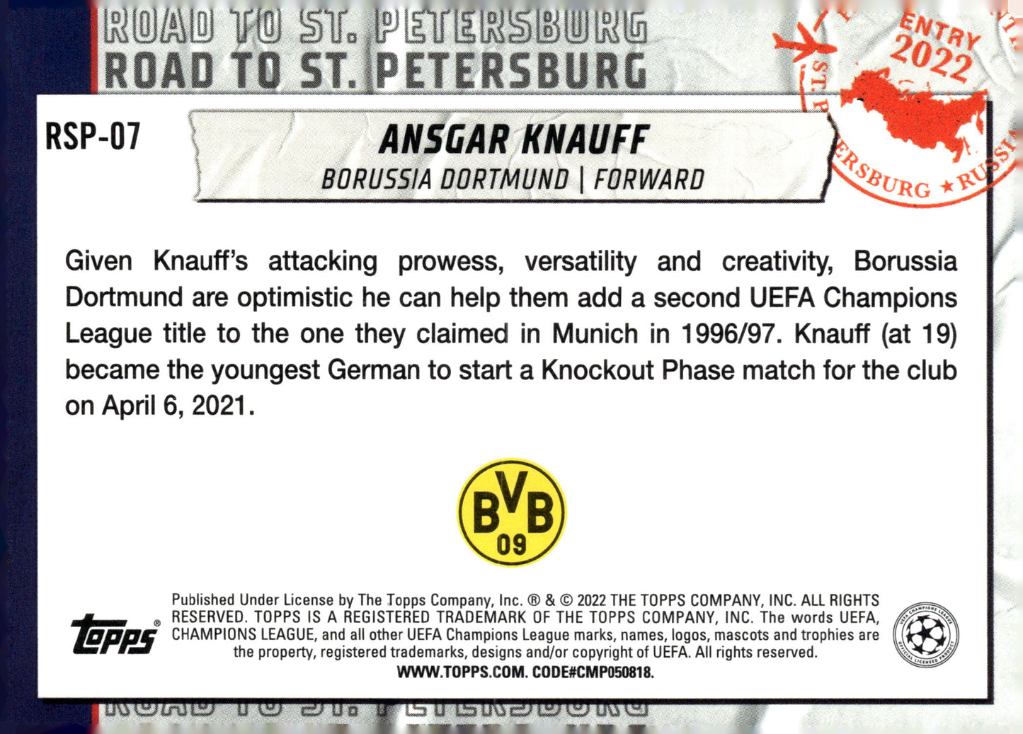 2021-22 Topps UEFA Champions League #RSP-07 Ansgar Knauff – Road To St. Petersburg - single item listing, image for visual reference only