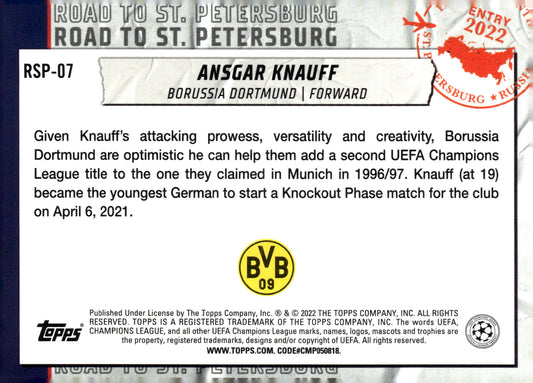 2021-22 Topps UEFA Champions League #RSP-07 Ansgar Knauff – Road to St. Petersburg