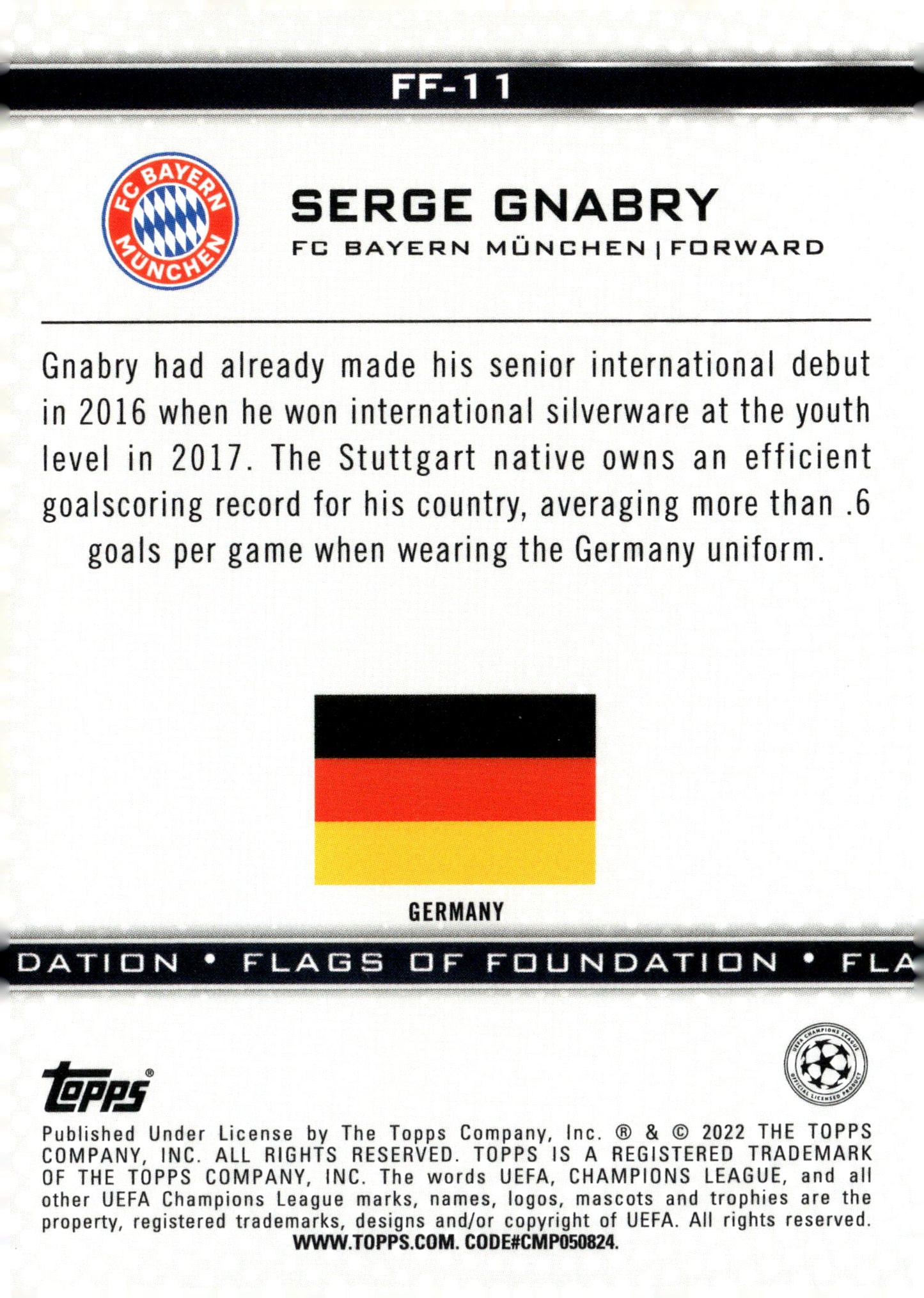 2021-22 Topps UEFA Champions League #FF-11 Serge Gnabry Flags of Foundation Soccer Card - single item listing, image for visual reference only