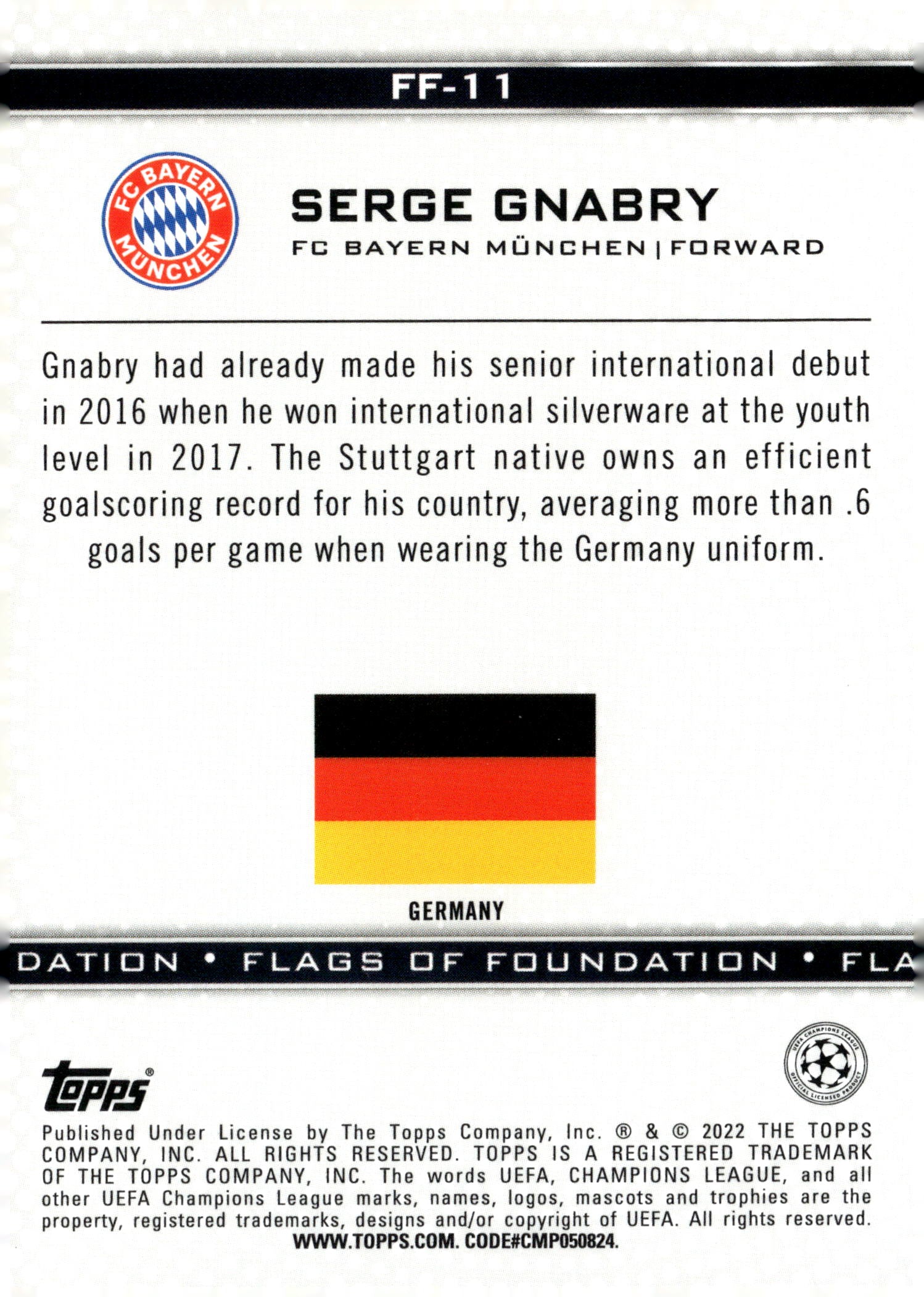 2021-22 Topps UEFA Champions League #FF-11 Serge Gnabry Flags of Foundation Soccer Card - single item listing, image for visual reference only