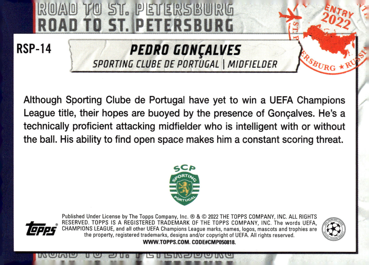 2021-22 Topps UEFA Champions League #RSP-14 Pedro Gonçalves – Road To St. Petersburg - single item listing, image for visual reference only