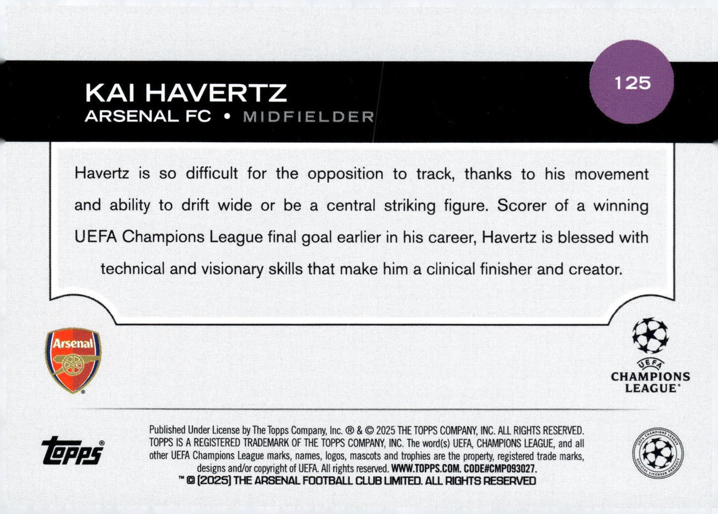 2024-25 Topps UEFA Club Competitions #125 Kai Havertz Arsenal FC Midfielder Soccer Card - single item listing, image for visual reference only