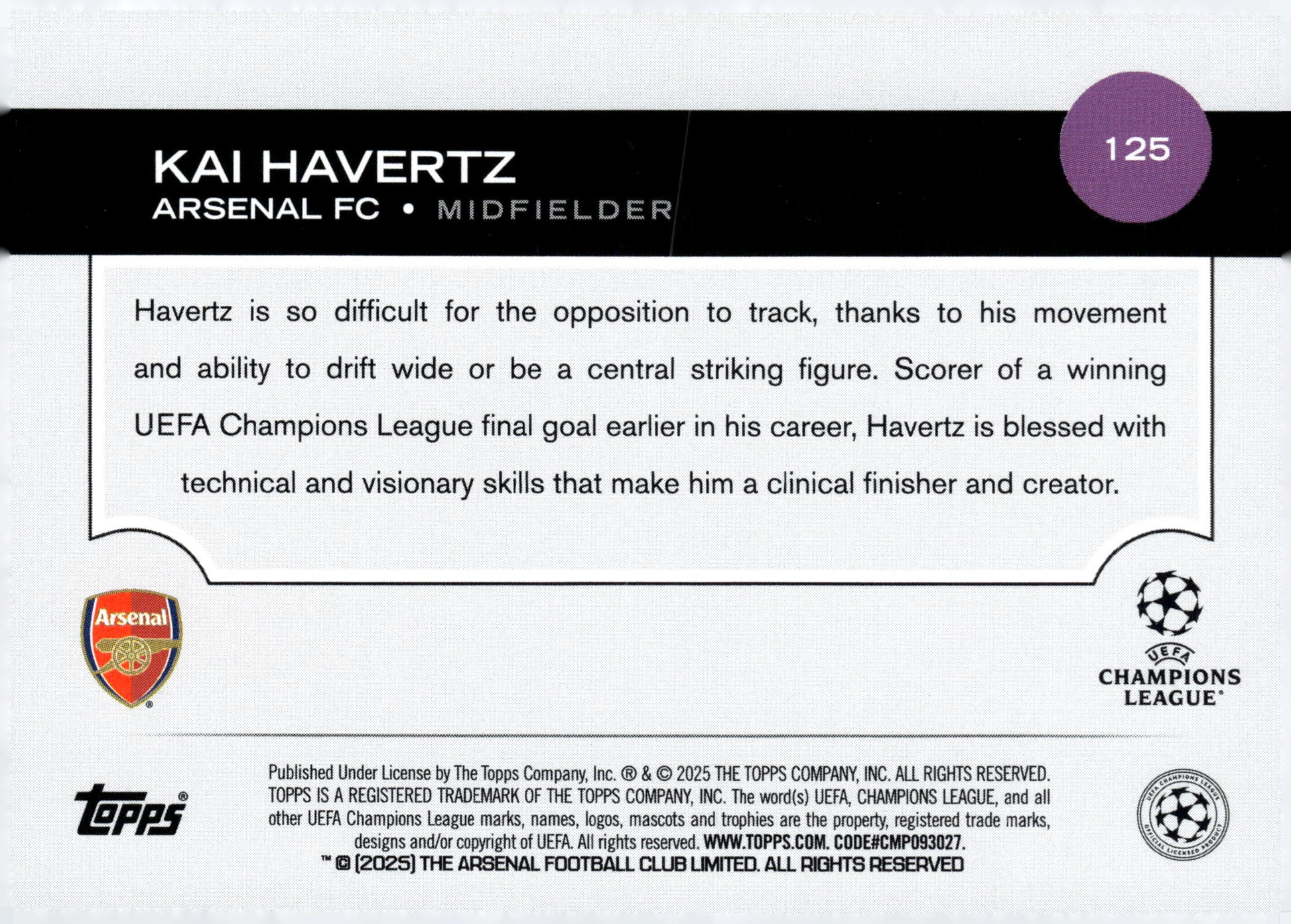 2024-25 Topps UEFA Club Competitions #125 Kai Havertz Arsenal FC Midfielder Soccer Card - single item listing, image for visual reference only