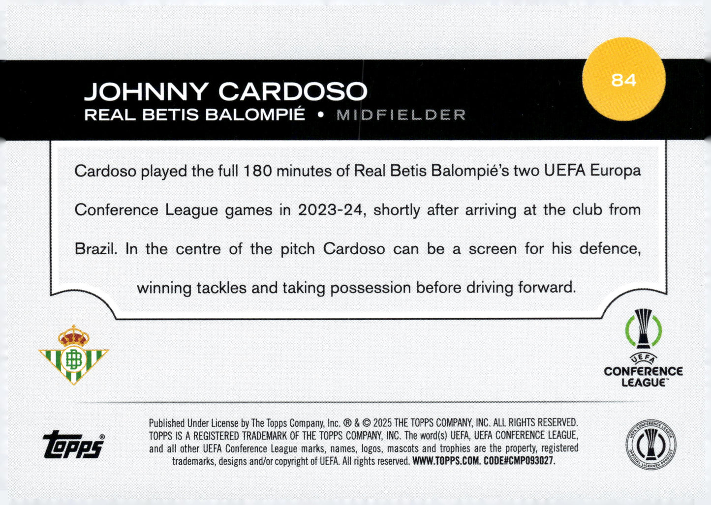 2024-25 Topps UEFA Club Competitions #84 Johnny Cardoso Real Betis Midfielder Soccer Card - single item listing, image for visual reference only