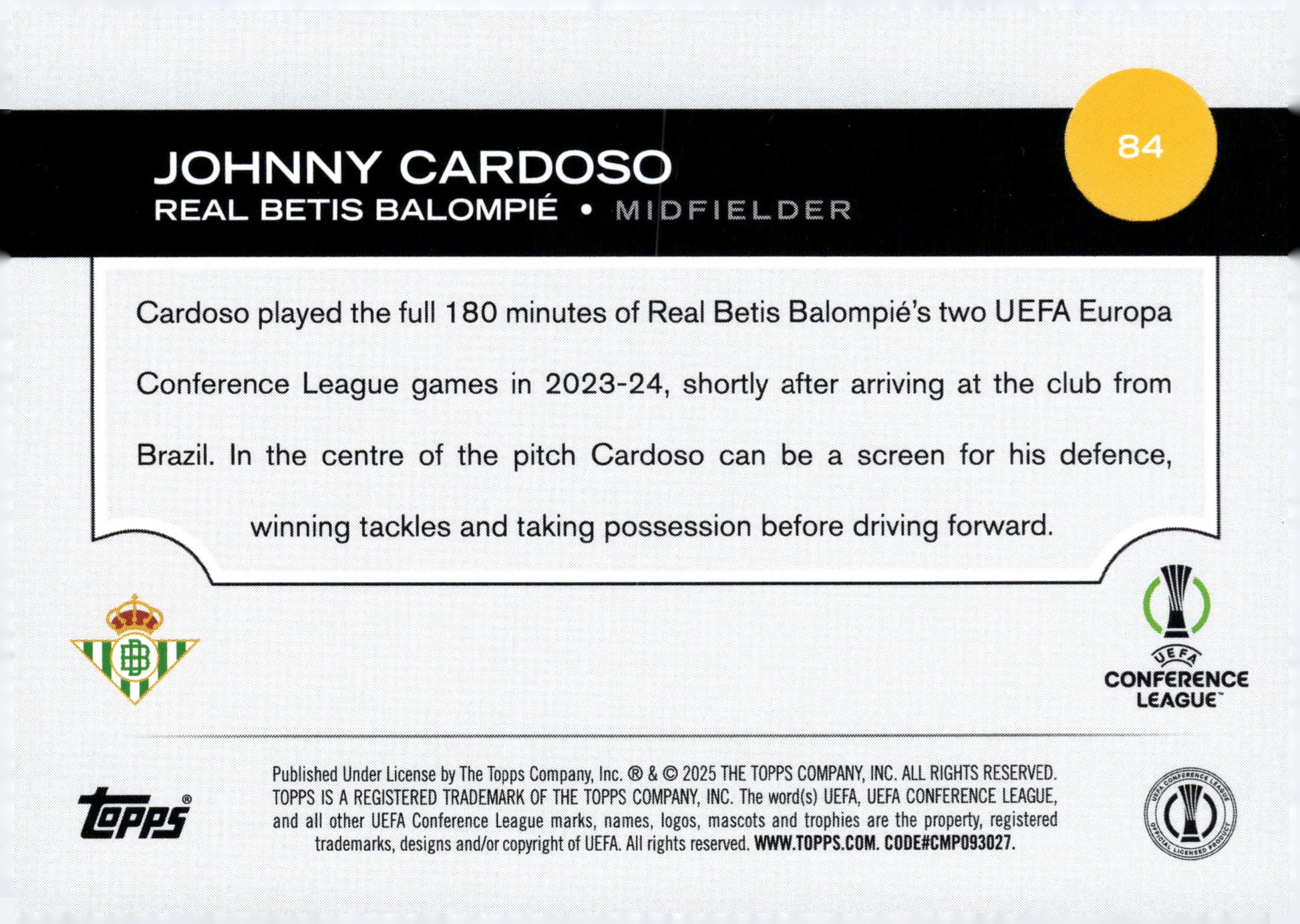 2024-25 Topps UEFA Club Competitions #84 Johnny Cardoso Real Betis Midfielder Soccer Card - single item listing, image for visual reference only