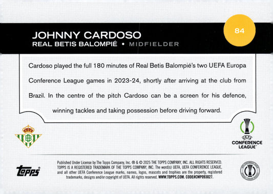 2024-25 Topps UEFA Club Competitions #84 Johnny Cardoso Real Betis Midfielder Soccer Card