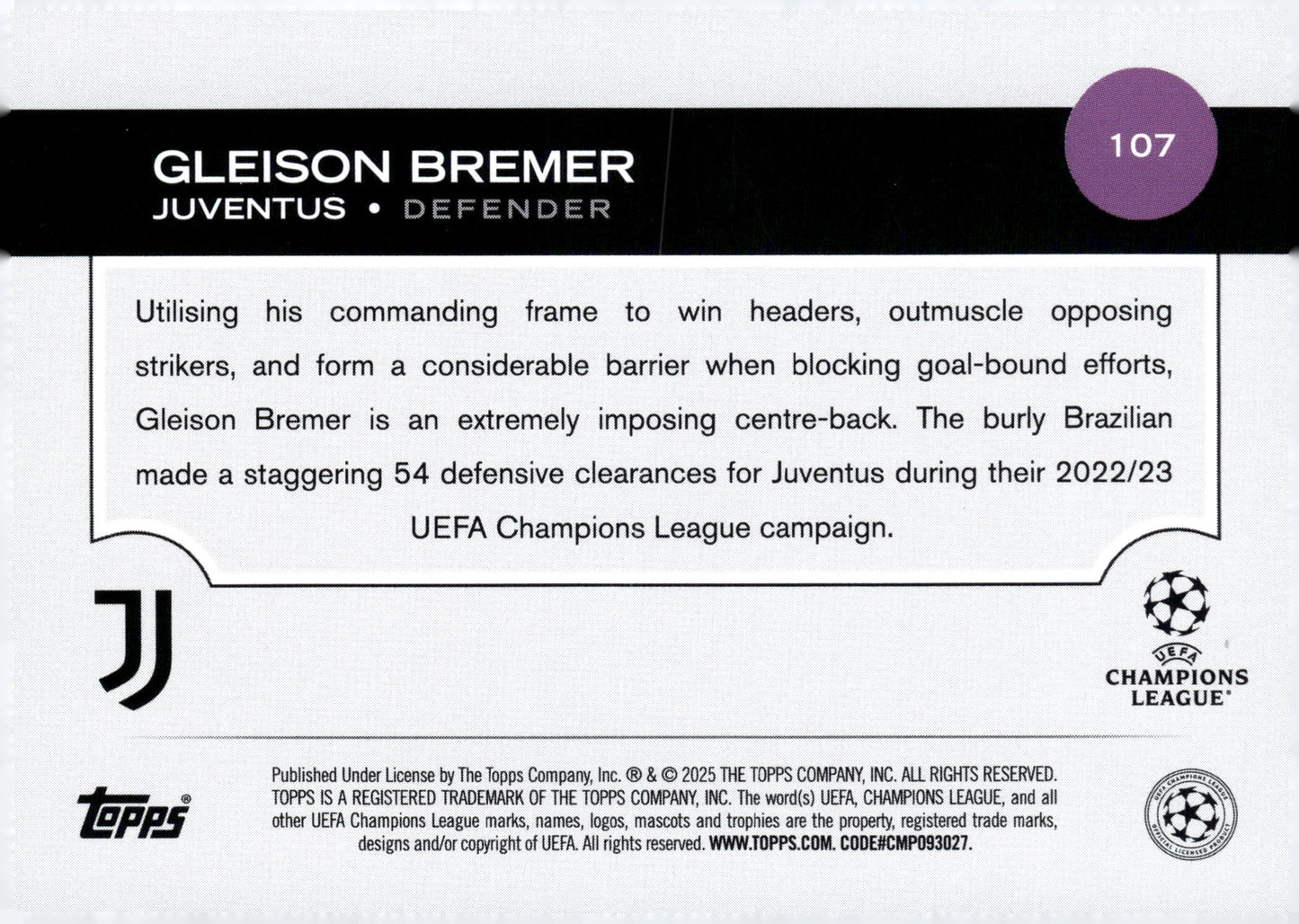2024-25 Topps UEFA Club Competitions #107 Gleison Bremer Juventus Defender Soccer Card - single item listing, image for visual reference only