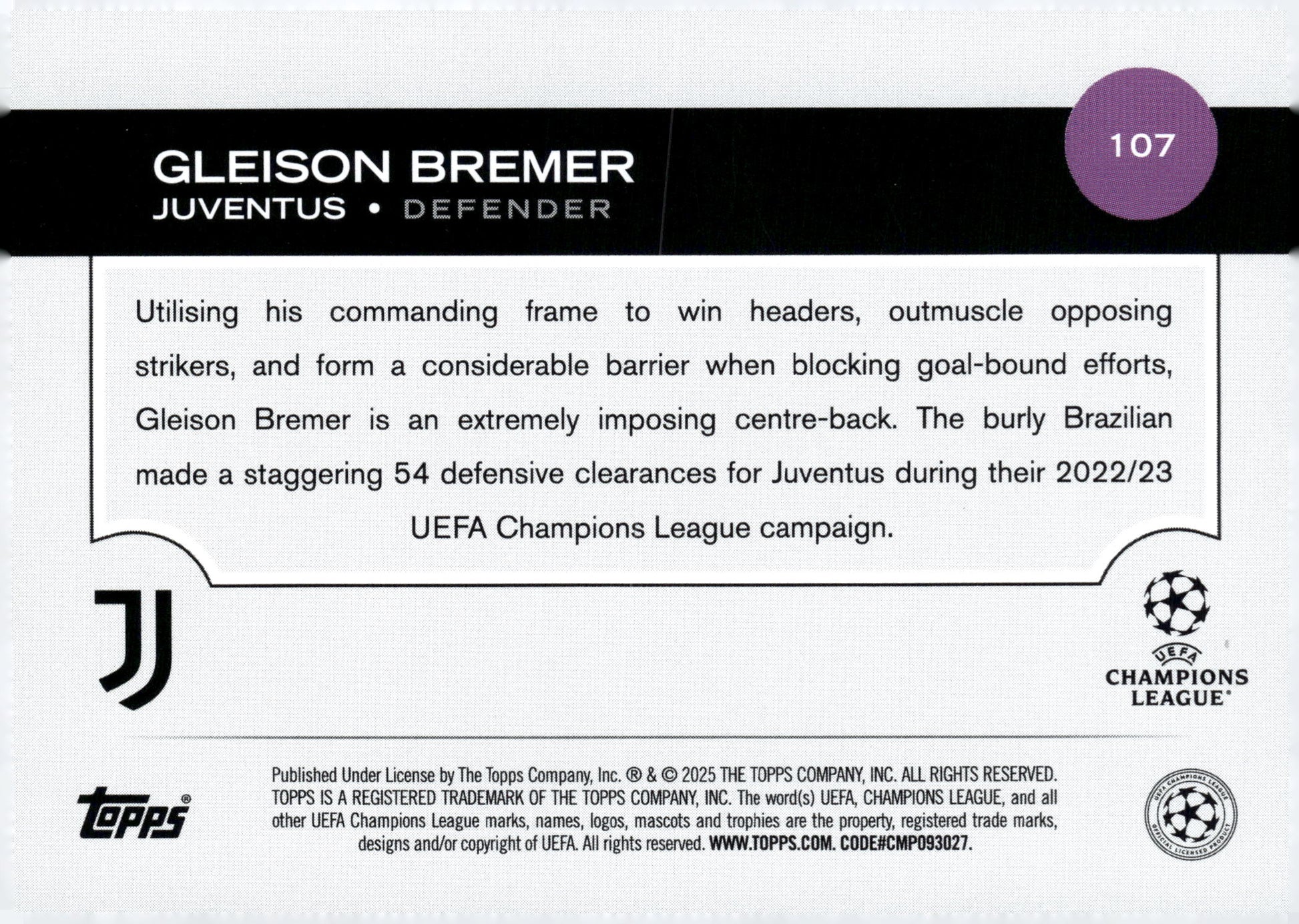 2024-25 Topps UEFA Club Competitions #107 Gleison Bremer Juventus Defender Soccer Card - single item listing, image for visual reference only