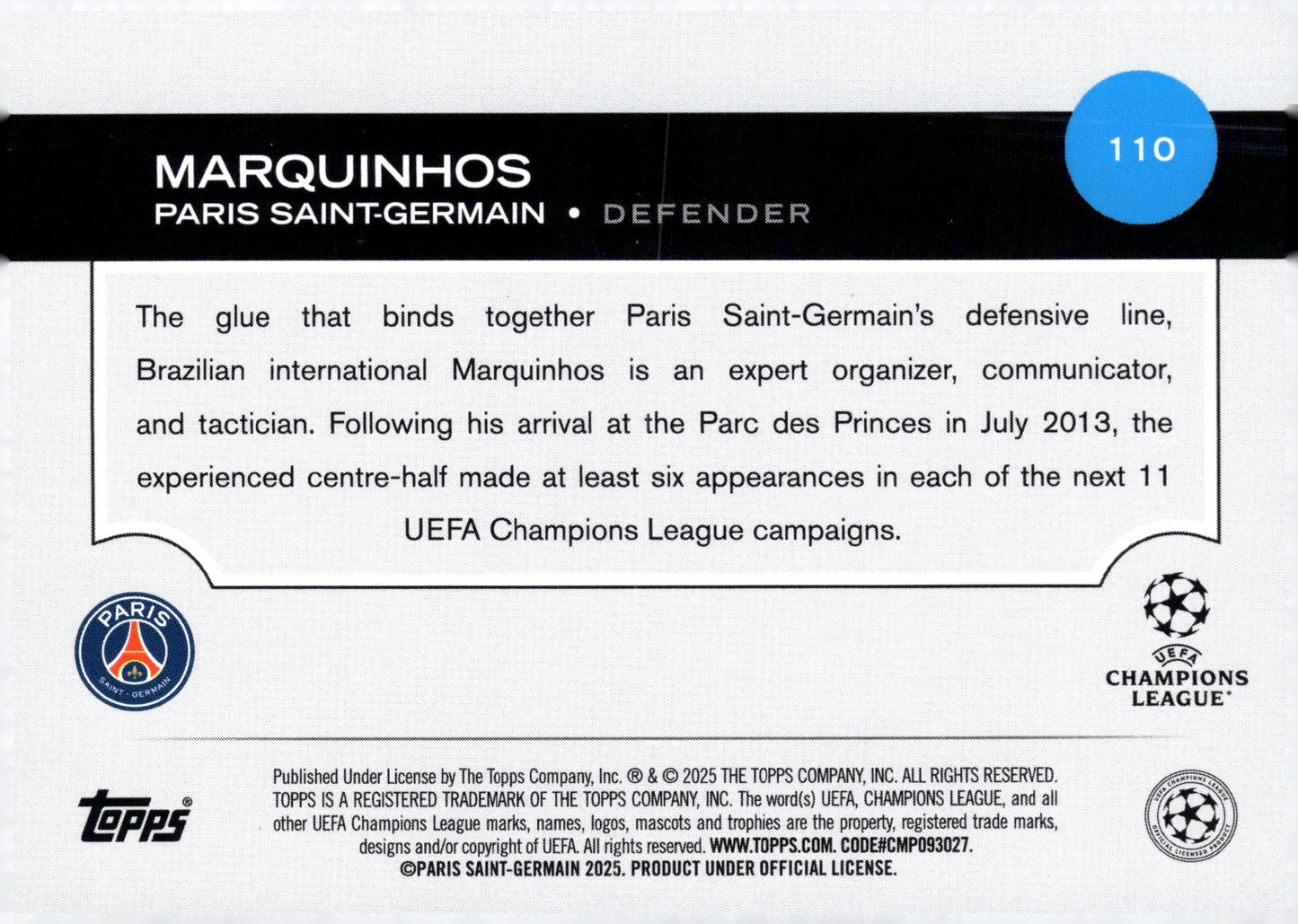 2024-25 Topps UEFA Club Competitions #110 Marquinhos – PSG Defender Soccer Card - single item listing, image for visual reference only