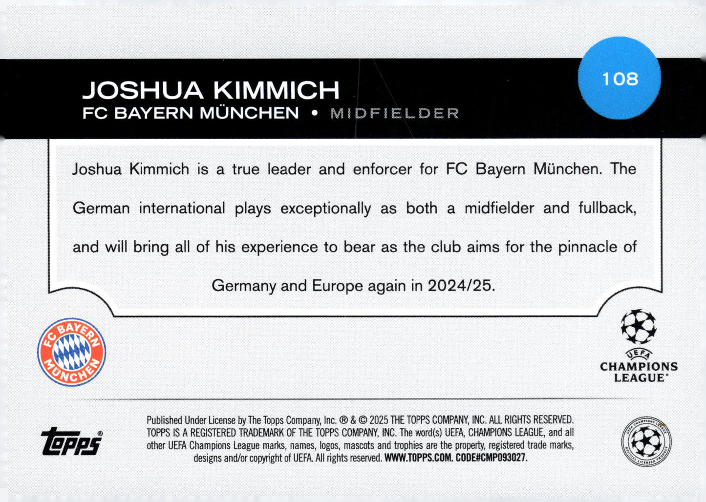 2024-25 Topps UEFA Club Competitions #108 Joshua Kimmich FC Bayern München Soccer Card - single item listing, image for visual reference only