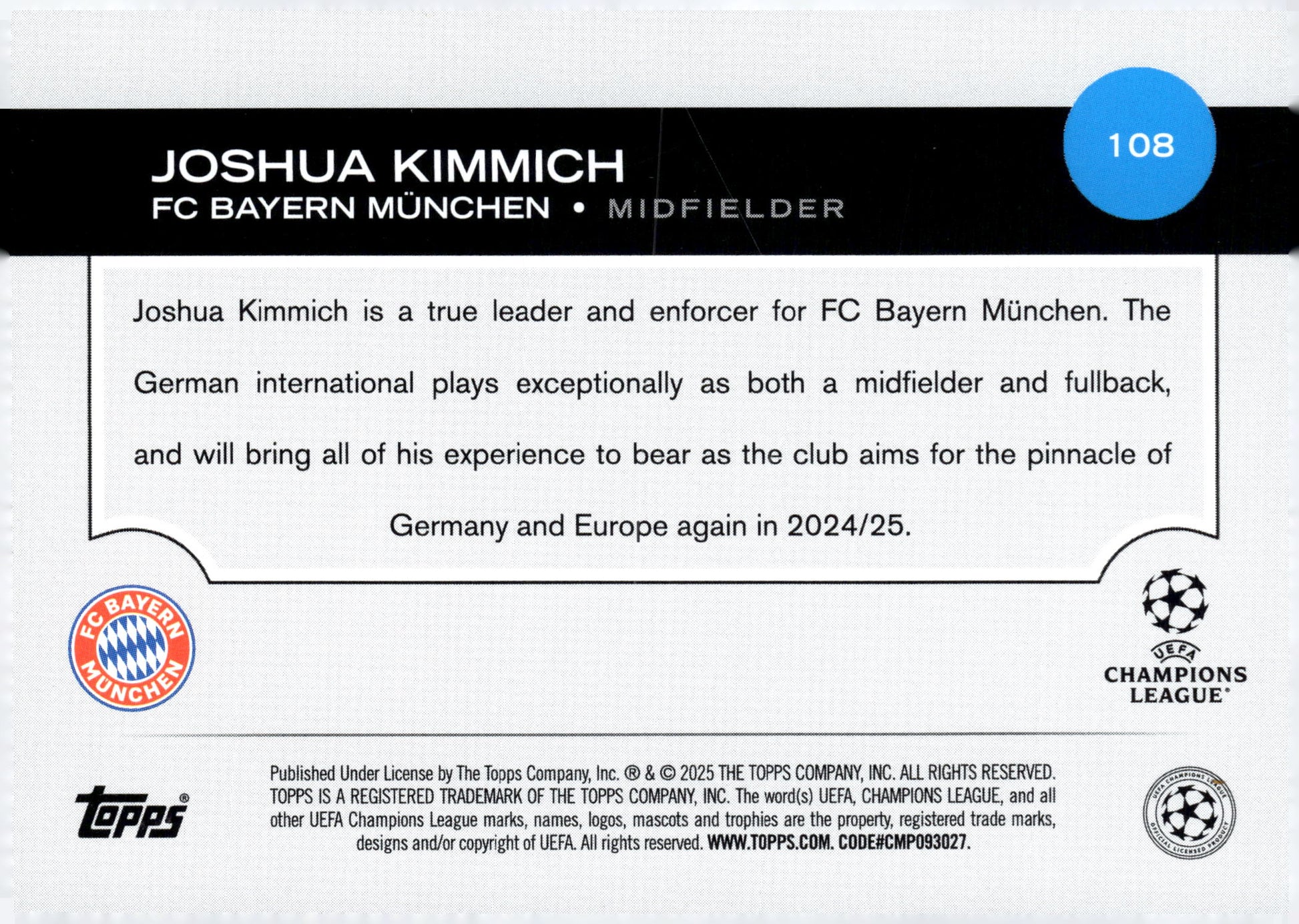 2024-25 Topps UEFA Club Competitions #108 Joshua Kimmich FC Bayern München Soccer Card - single item listing, image for visual reference only