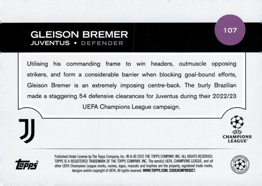 2024-25 Topps UEFA Club Competitions #107 Gleison Bremer Juventus Defender Soccer Card