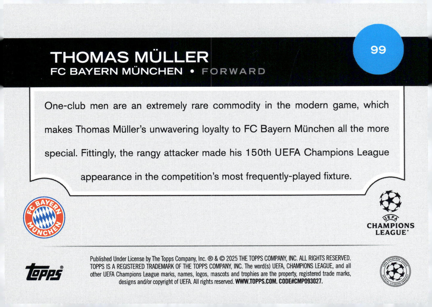 2024-25 Topps UEFA Club Competitions #99 Thomas Müller FC Bayern München Forward - single item listing, image for visual reference only