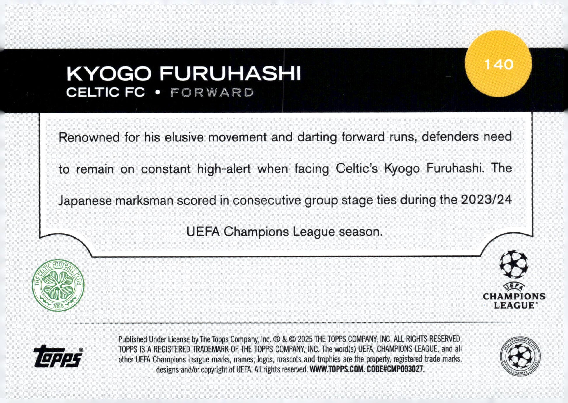 2024-25 Topps UEFA Club Competitions #140 Kyogo Furuhashi Celtic FC Forward Soccer Card - single item listing, image for visual reference only