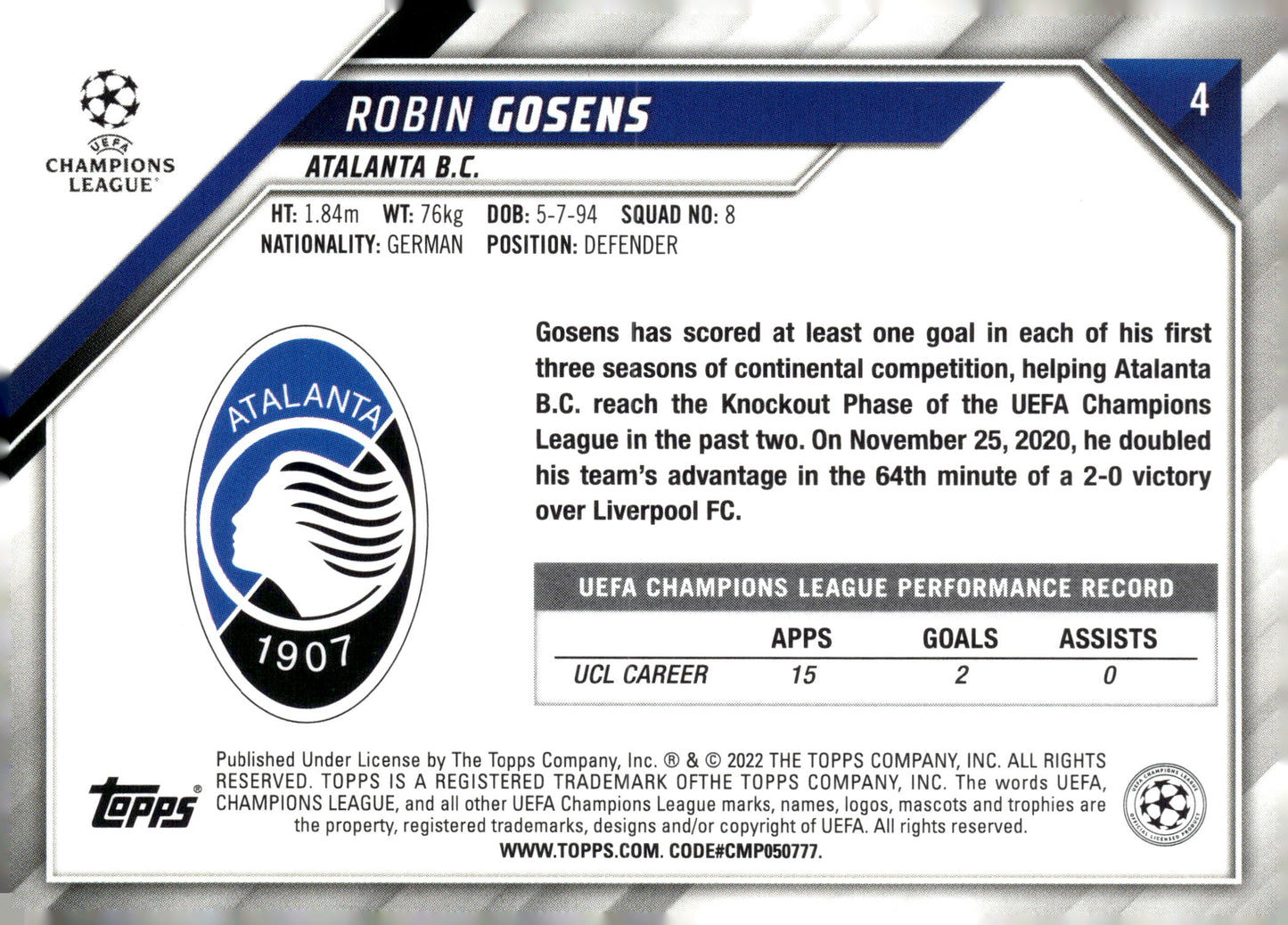 2021-22 Topps UEFA Champions League #4 Robin Gosens Atalanta B.C. Soccer Card