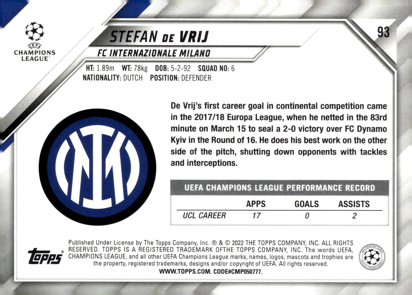 2021-22 Topps UEFA Champions League #93 Stefan De Vrij Inter Milan Soccer Card - single item listing, image for visual reference only