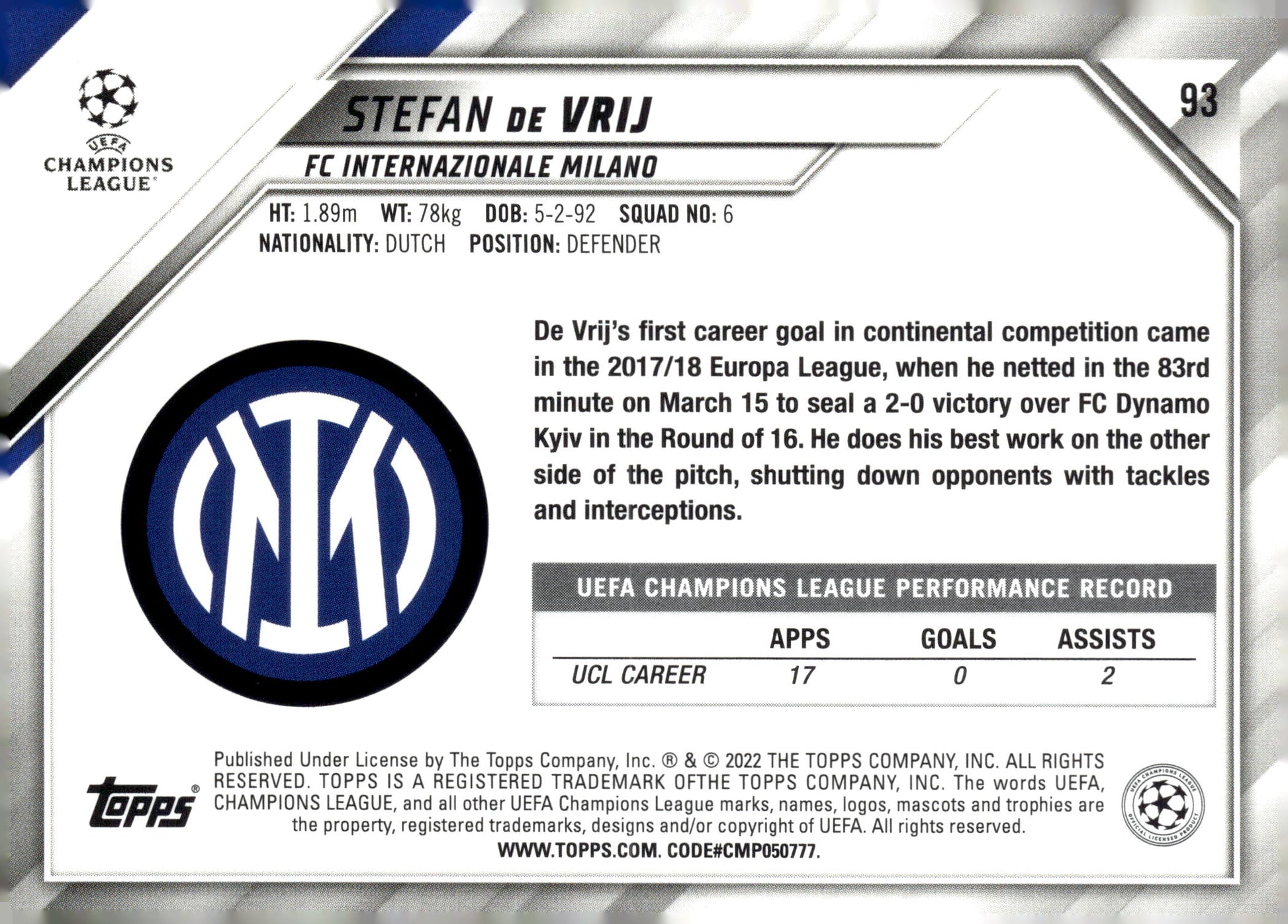 2021-22 Topps UEFA Champions League #93 Stefan De Vrij Inter Milan Soccer Card - single item listing, image for visual reference only