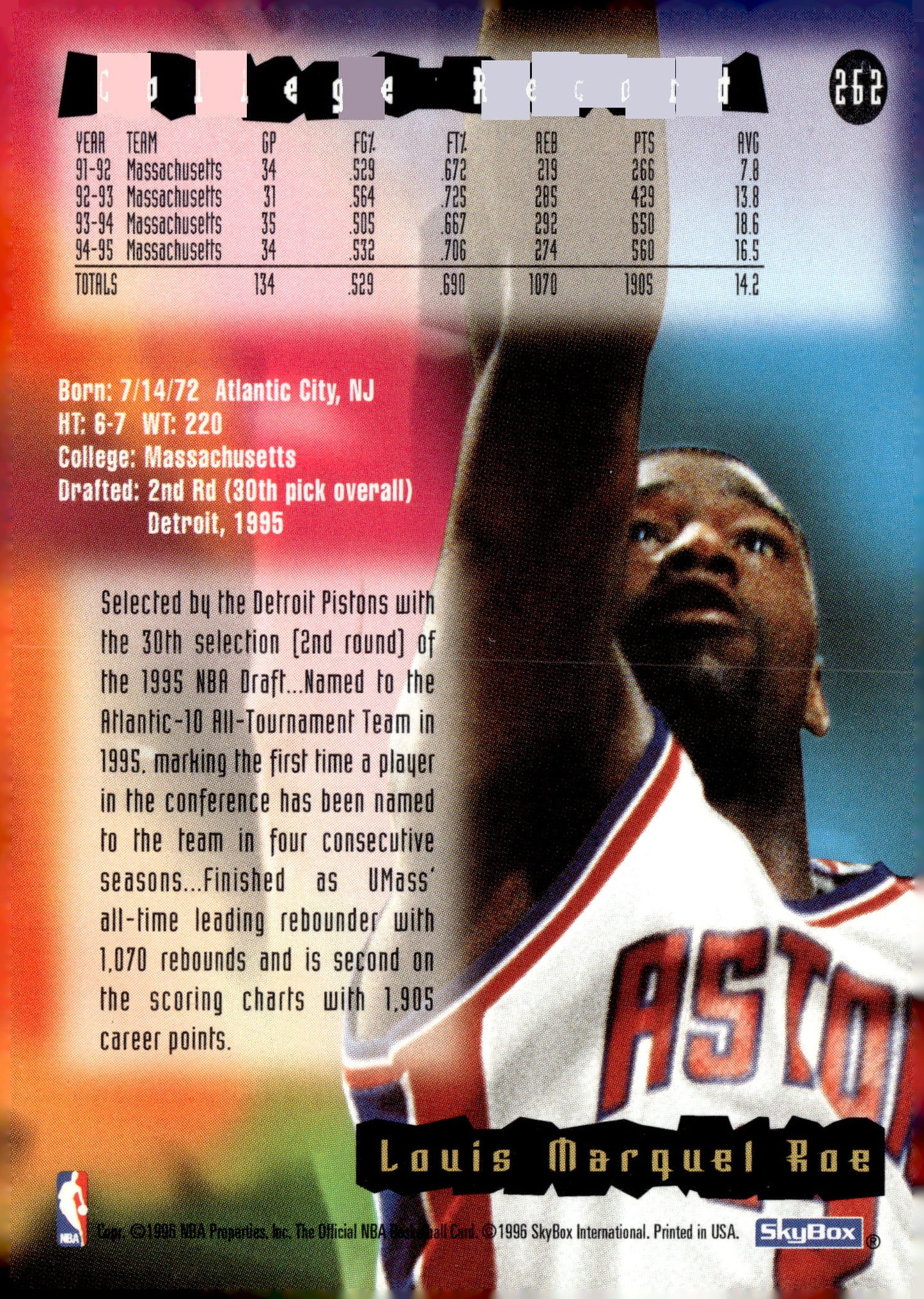 1995-96 Hoops #262 Lou Roe - single item listing, image for visual reference only